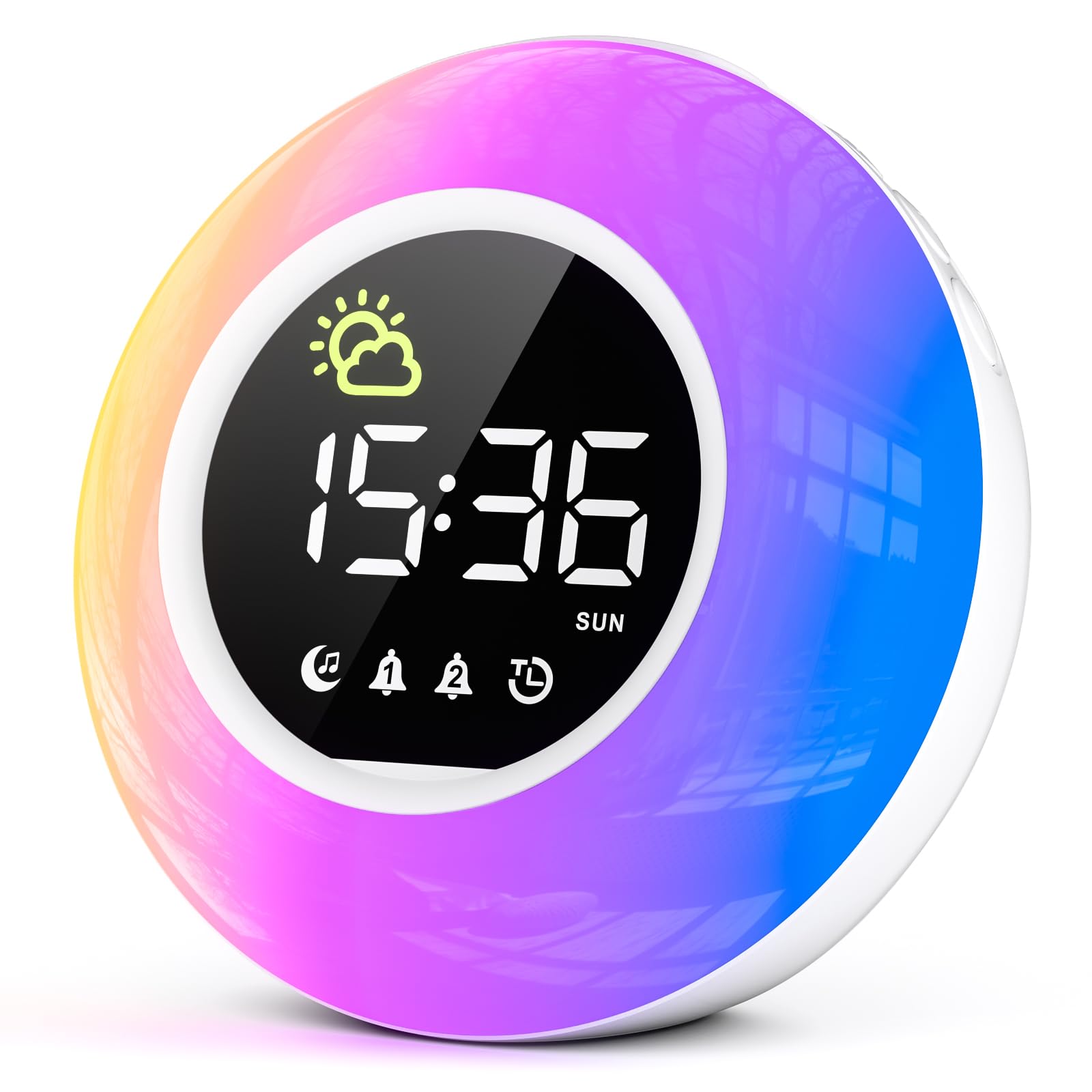 HERMIC Réveil Enfant Lumineux avec Veilleuse LED RGB, Minuteur, Double Alarme, 12/24H, Luminosité et Son Réglables (Adaptateur Inclus)