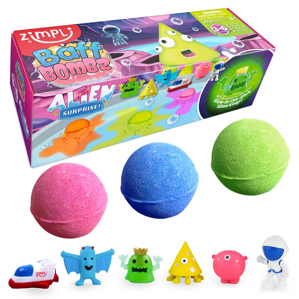 ZIMPLI - Lot de 3 Grandes Bombes de Bain Surprise Alien 100g, 1 des 6 Jouets Alien à Collectionner, Un Jouet par Bombe de Bain, Cadeau d’Anniversaire pour Enfants, Jouet de Bain