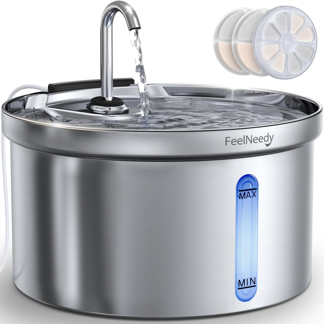 FEELNEEDY Fontaine a Eau pour Chat en Acier Inoxydable 3,5L Fontaine à Eau | avec Robinet pour Chats Silencieuse avec 3 Filtre et Chargeur USB, Distributeur d'eau Chat Automatique