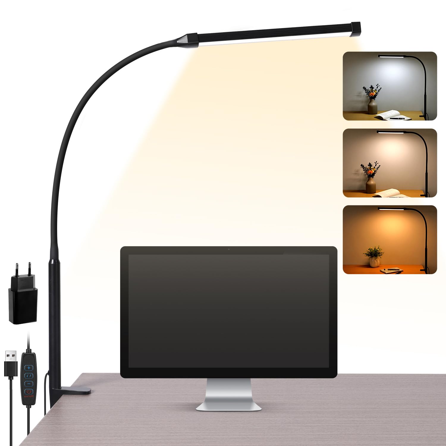 LIBORA Lampe de bureau LED à pince, USB Lampe bureau, noir | 3 modes et 10 niveaux de luminosité, lumière du jour, protection des yeux, lampe de lecture à col de cygne flexible