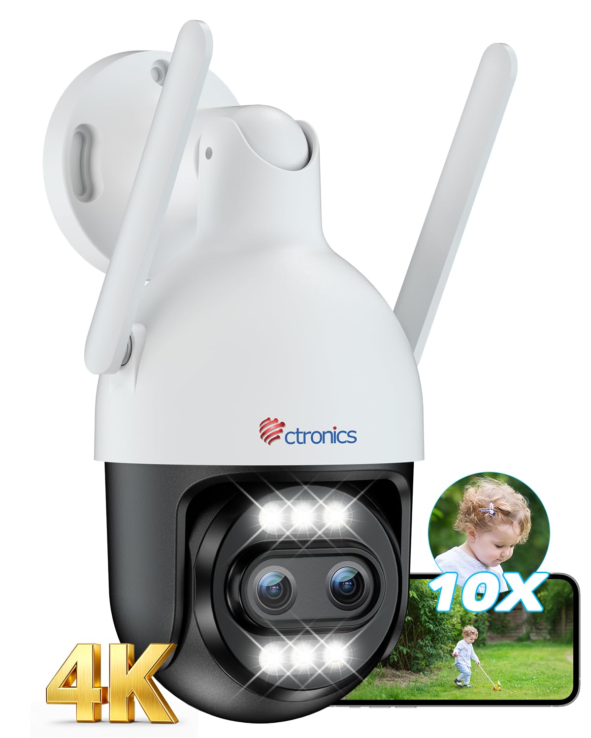 Ctronics 10X Zoom Hybride 4K Caméra Surveillance Extérieure, Double Objectif, Métal IP Camera 2.4/5GHz WiFi, Suivi Auto/Détection Hum/Véh/ANI, 256GB TF/Cloud, Vision Nocturne Color, IP66 (Blanc)