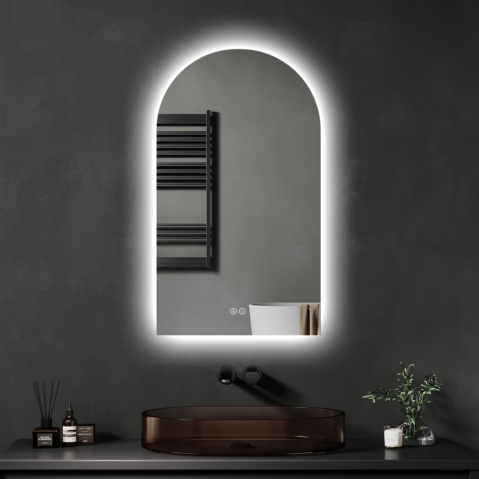 Miroir de Salle de Bain avec éclairage 40x70cm : Miroir de Salle de Bain Convexe antibuée, Interrupteur Tactile, dimmable, 3 Couleurs de lumière, Miroir LED Anti-buée