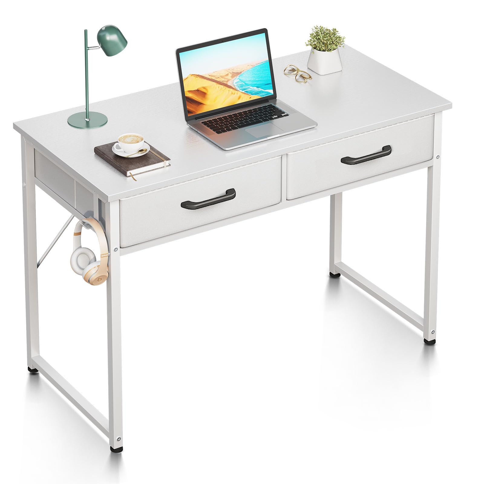 ODK Petit Bureau avec 2 Tiroirs, 100 x 40 x 78.7 cm, Blanc | Bureau d'Ordinateur avec tiroirs en tissu, crochet casque et rangement pratique pour livres, accessoires et fournitures.