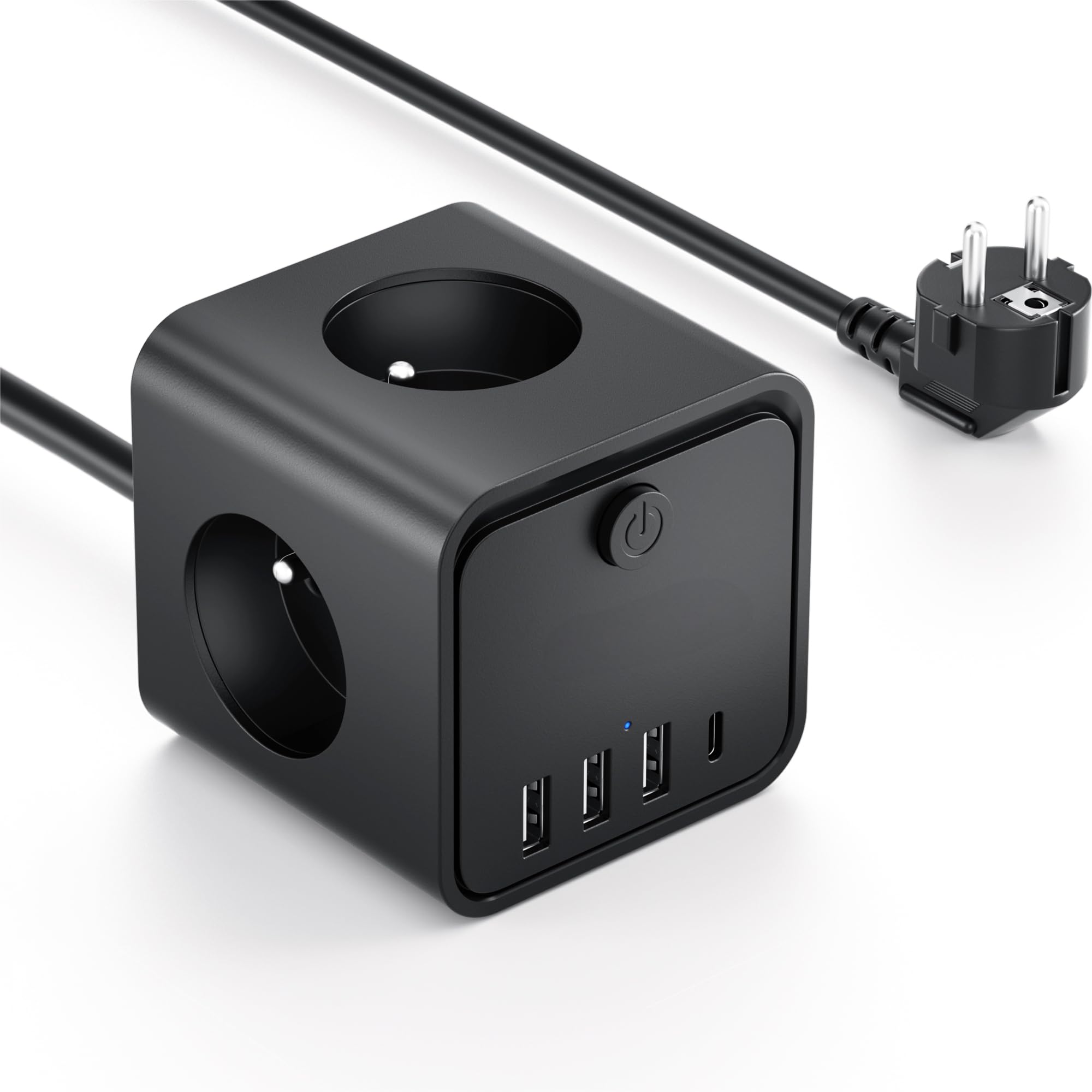 7 en 1 Multiprise USB, Prise Multiple avec 3 Prises Française, Multiple avec 1 Type C et 3 Ports USB, 2M Multiprise avec Interrupteur pour Domicile, Bureau, Noir