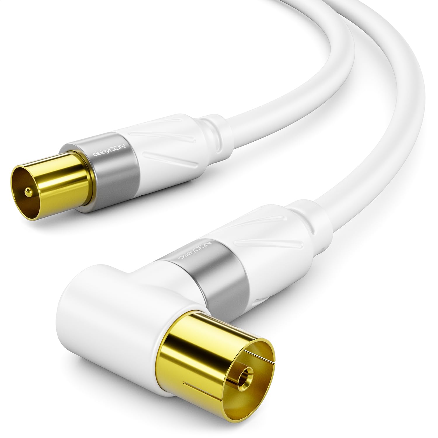 deleyCON 7,5m 4K Câble D’antenne TV Coudé - Câble Coaxial IEC HDTV - Blanc | Câble TV, câble de télévision, quadruple blindage, mâle-femelle, DVB-C, DVB-S, DVB-T, DVB-T2, radio numérique terrestre (DAB)