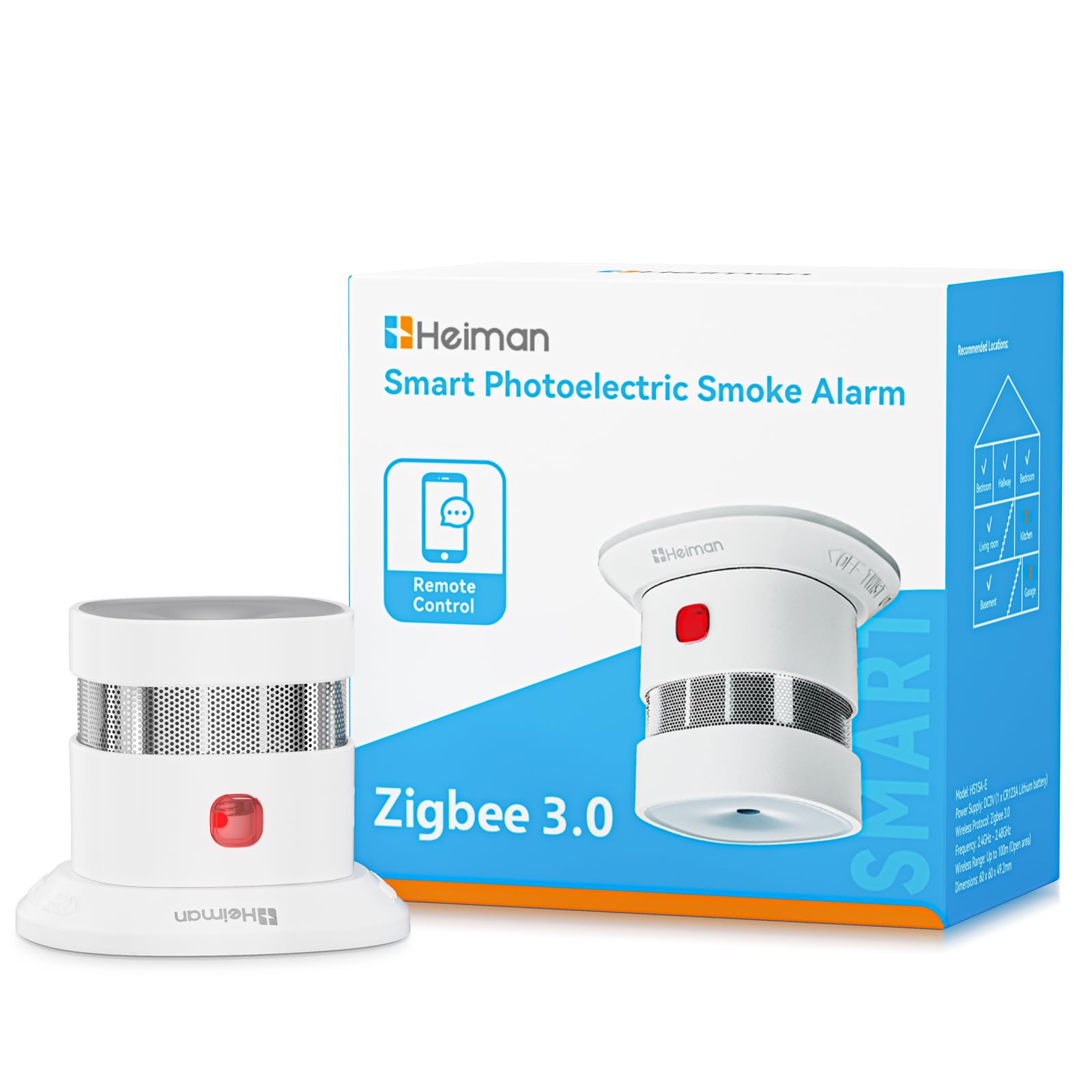 Heiman Détecteur de Fumée Zigbee 3.0 HS1SA-E-PLUS, Detecteur de Fumée Intelligent, Pile Remplaçable 5 Ans, Capteur Photoélectrique, Support ZHA & Z2M (Requires Zigbee Hub), Lot de 1