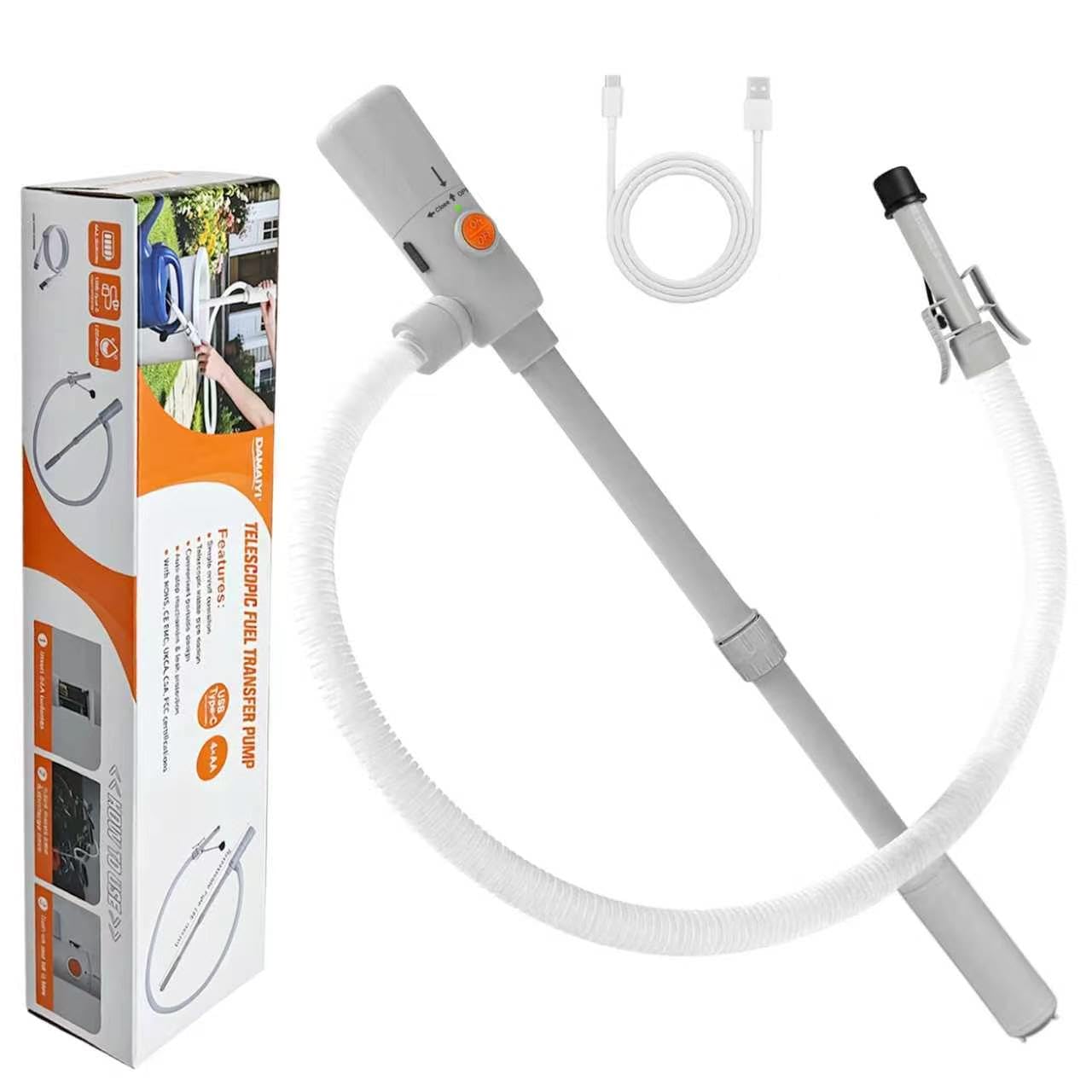 DAMAIYI Pompe Essence Électrique 3,2 GPM Carburant Gasoil Arrêt Automatique | Arrêt Automatique, Alimentation Double USB-C/AA, Tuyau 51 Pouces, Tube d'Aspiration Télescopique, Gasoil Diesel Eau Transfert