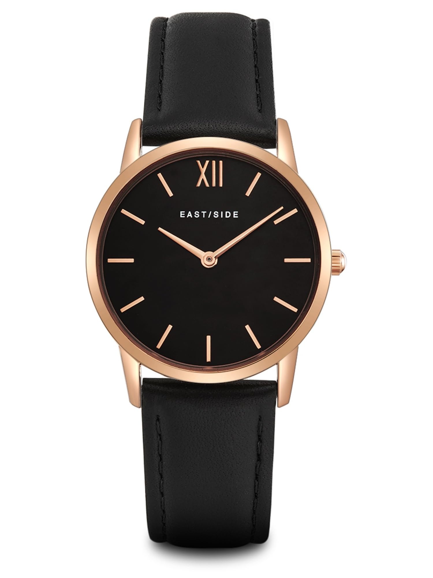 Eastside Montre pour femme alliage métallique or rose quartz 3 ATM | Cuir véritable bracelet, noir, sans gaufrage, calendrier noir, verre minéral, montre-bracelet, montre de mode