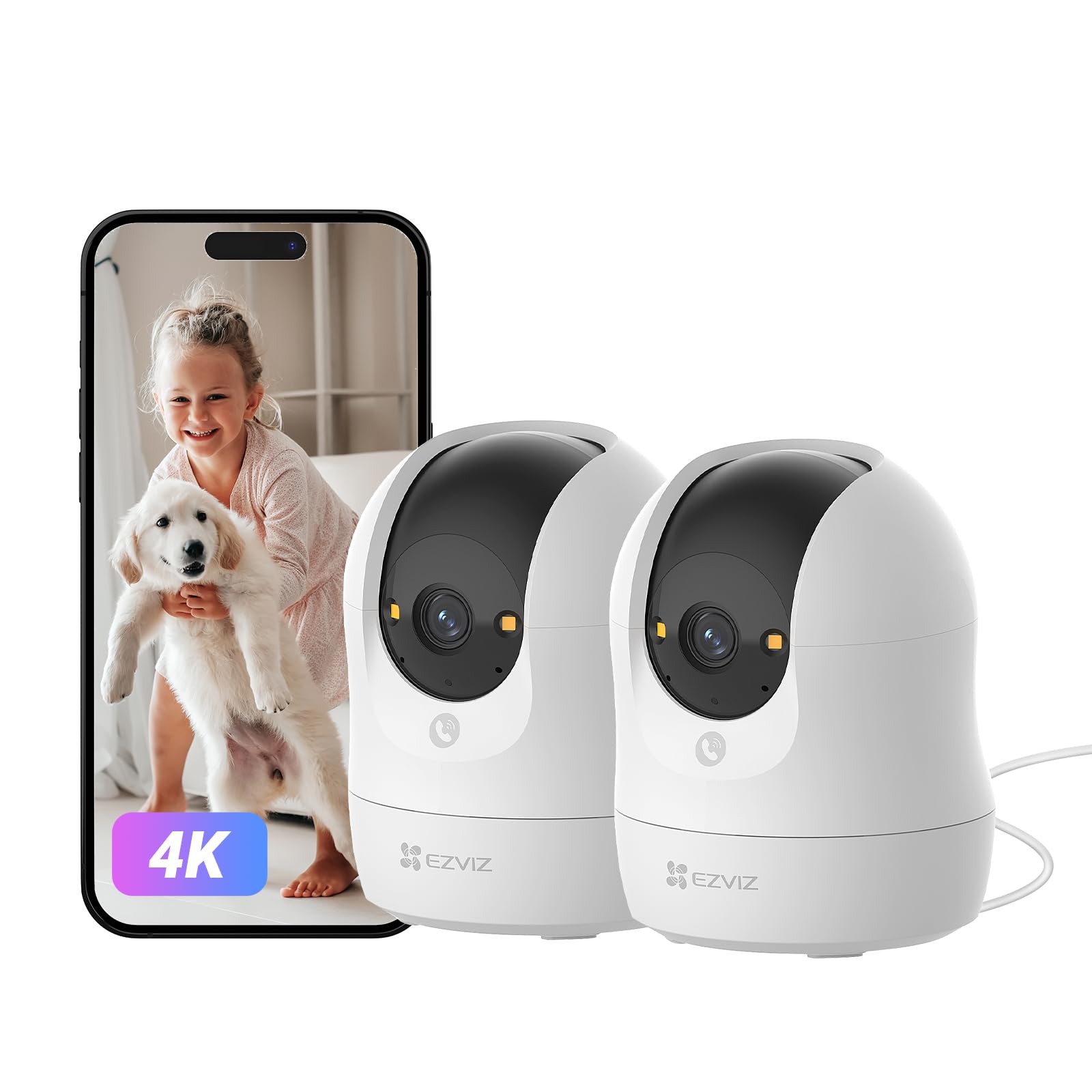 EZVIZ 4K(8MP) 2PK Camera Interieur, Caméra Bébé avec WiFi 2.4/5G C6N G1 4K | Détection Humain/Animaux/Bruit, Vision Nocturne Couleur avec Véritable WDR, Suivi Auto, Audio Bidirectionnel