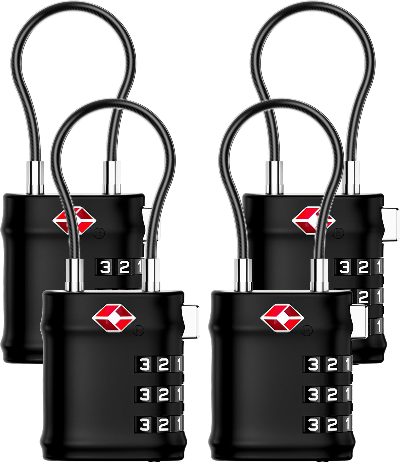LUGGEX Cadenas Valise TSA Approuvé, Cadenas Valise Avion à 3 chiffres,Câble Flexible pour Valise, Cadenas Sac à Dos, Ouverture en un Clic et Boîte Cadeau,LLX-Lite,Noir-Argenté,4