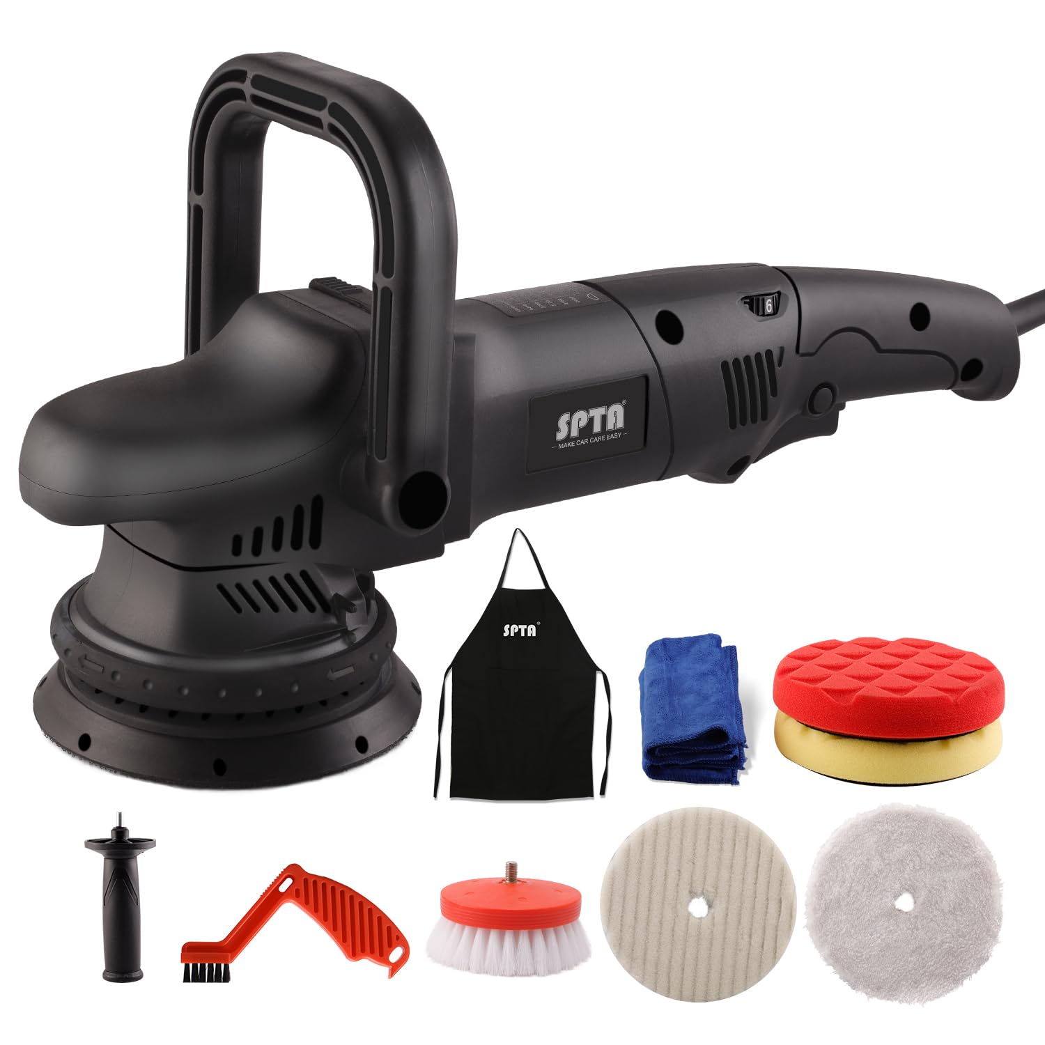 SPTA Polisseuse Orbitale Polisseuse Excentrique 3800RPM, 150mm/125mm Polissage Pad, 6 Vitesse Variable Ponceuse, pour Le Polissage, Cirage, Ponçage- DAPSET-EU, Noir