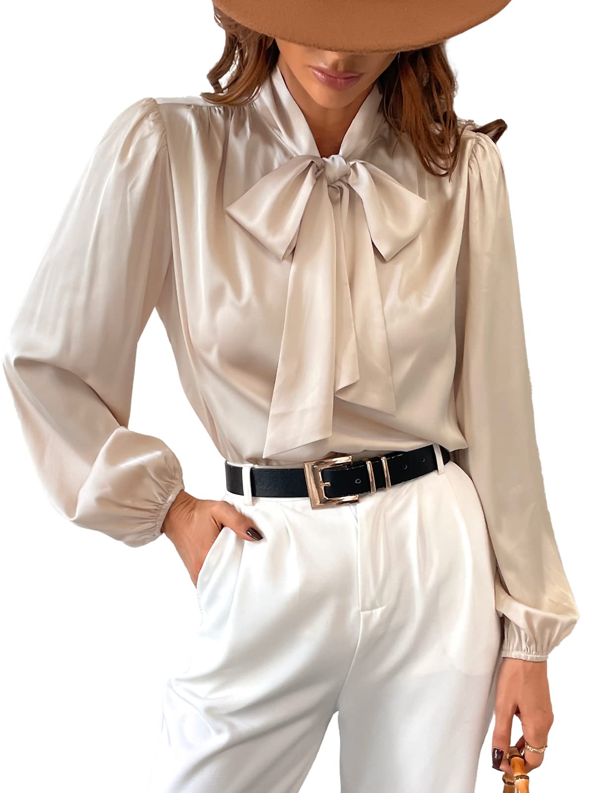 CUPSHE Chemise en satin brillant pour femme avec nœud papillon, manches longues et col haut, pour le travail, style décontracté