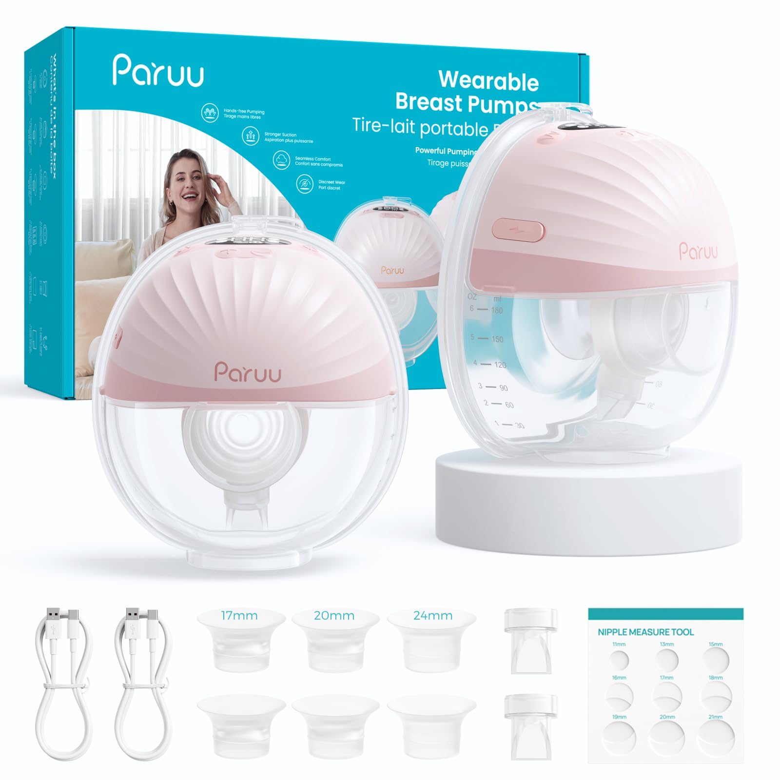 Paruu Tire lait Electrique Main Libre P10 Pro, Tire-lait portable avec bride élargie de 27 mm, aspiration de 45 kPa, 4 modes et 9 niveaux, 180 ml (2, rose)
