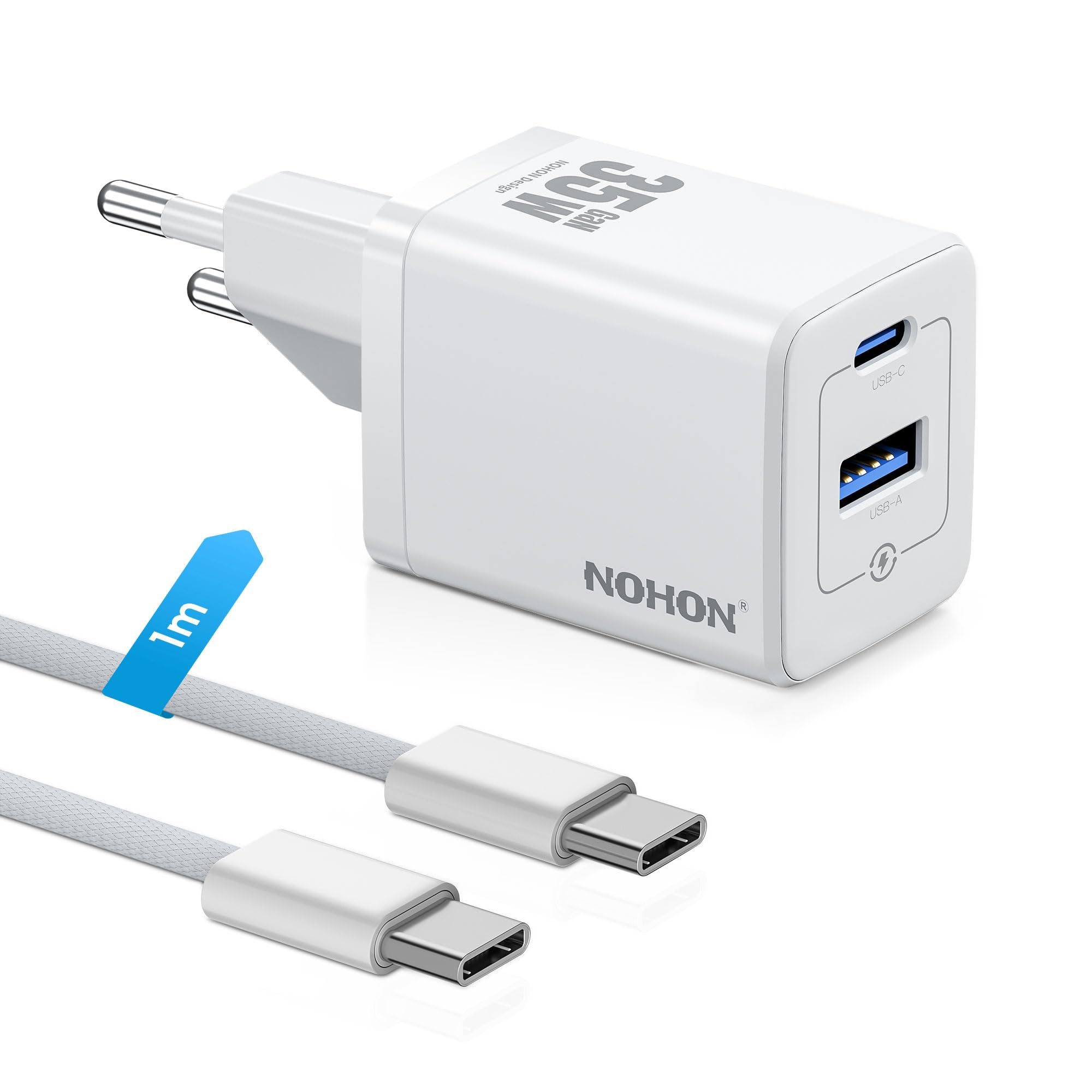 NOHON Chargeur USB C Rapide: 35W GaN Adaptateur USB C avec 1M 60W Câble, PD3.0 Prise Secteur, 2-Port Chargeur Rapide Compatible avec iPhone 18 17 16 15 14 13 Pro Max/iPad Pro Mini/Samsung/Pixel