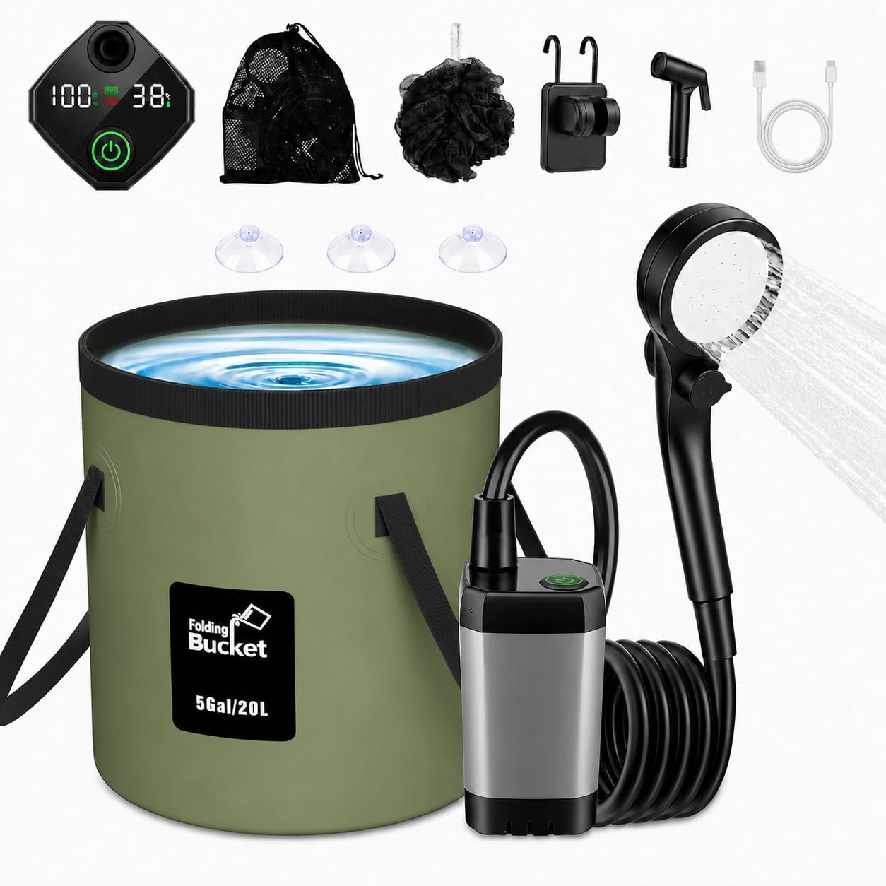 Douche Camping Portable Rechargeable 6000 mAh, Pompe Douche Portable avec Écran LED, Seau Pliable 20 L, 4 Modes de Pulvérisation, Étanche IPX7, Douche Extérieure pour Camping, Randonnée, Plage