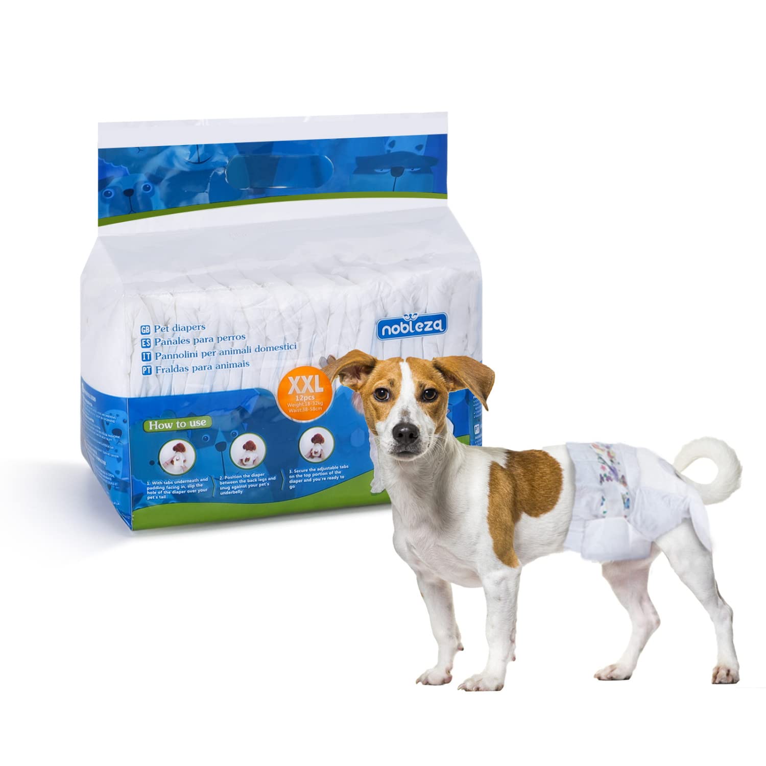 Nobleza Couches Chien Couches Femelles de Formation de Chiot Femelle jetables Super Absorbant Wraps pour Animaux de Compagnie 12 Pack, XXL
