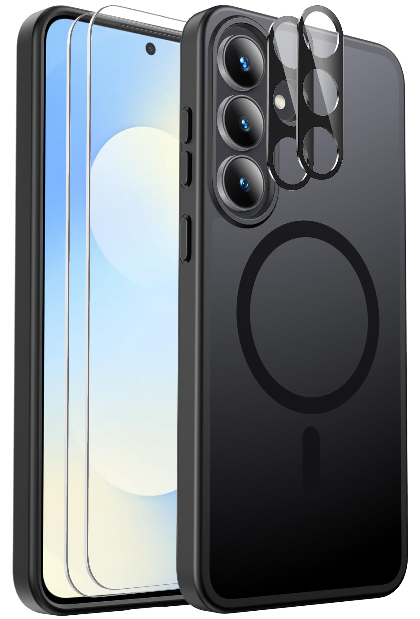 Ezanmull Coque de Protection magnétique pour Samsung Galaxy S25 FE résistante aux Chocs, 2 Films de Protection d'écran en Verre + 2 Films de Protection d'objectif d'appareil Photo, Coque Transparente