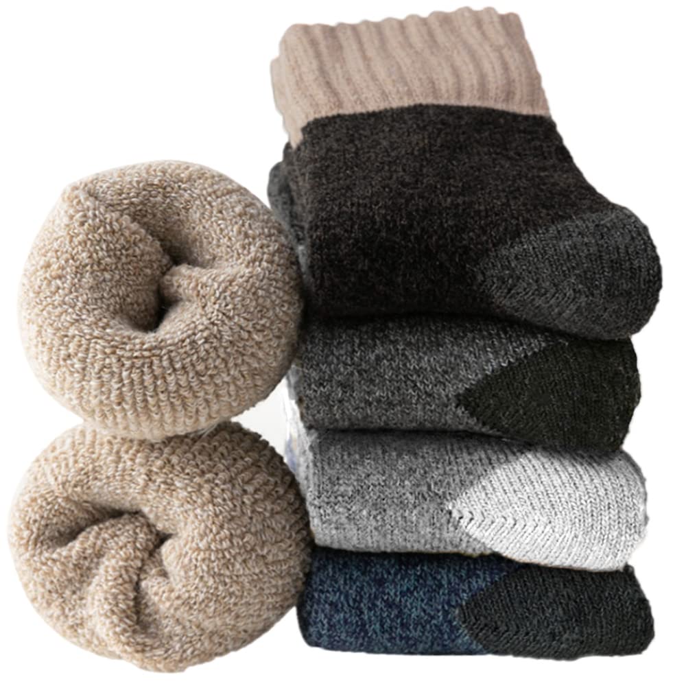Josnown Chaussettes Chaudes Homme Chaussettes Hiver Thermiques en Laine | Semelles Épaisses en Tissu Éponge, Randonnée Maison et Loisirs, 5 Paires, Taille 39-45
