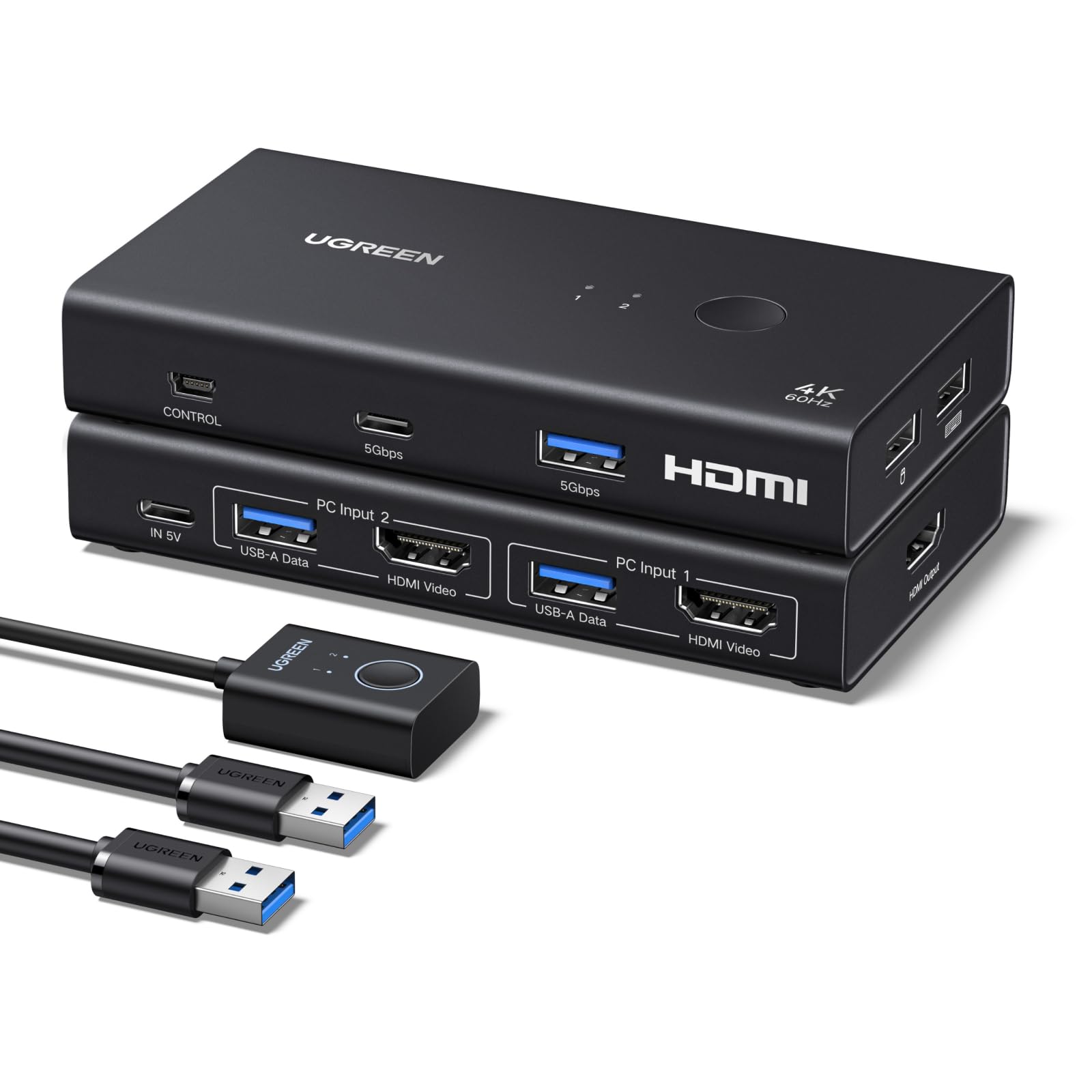 UGREEN Switch KVM HDMI 2 Entrées 1 Sorties 4K 60Hz pour 2 Affichage | Commutateur KVM USB 3A +1C 3.0 5Gbps pour Clavier Souris Disque Dur Contrôleur de Bureau Câbles USB Inclus