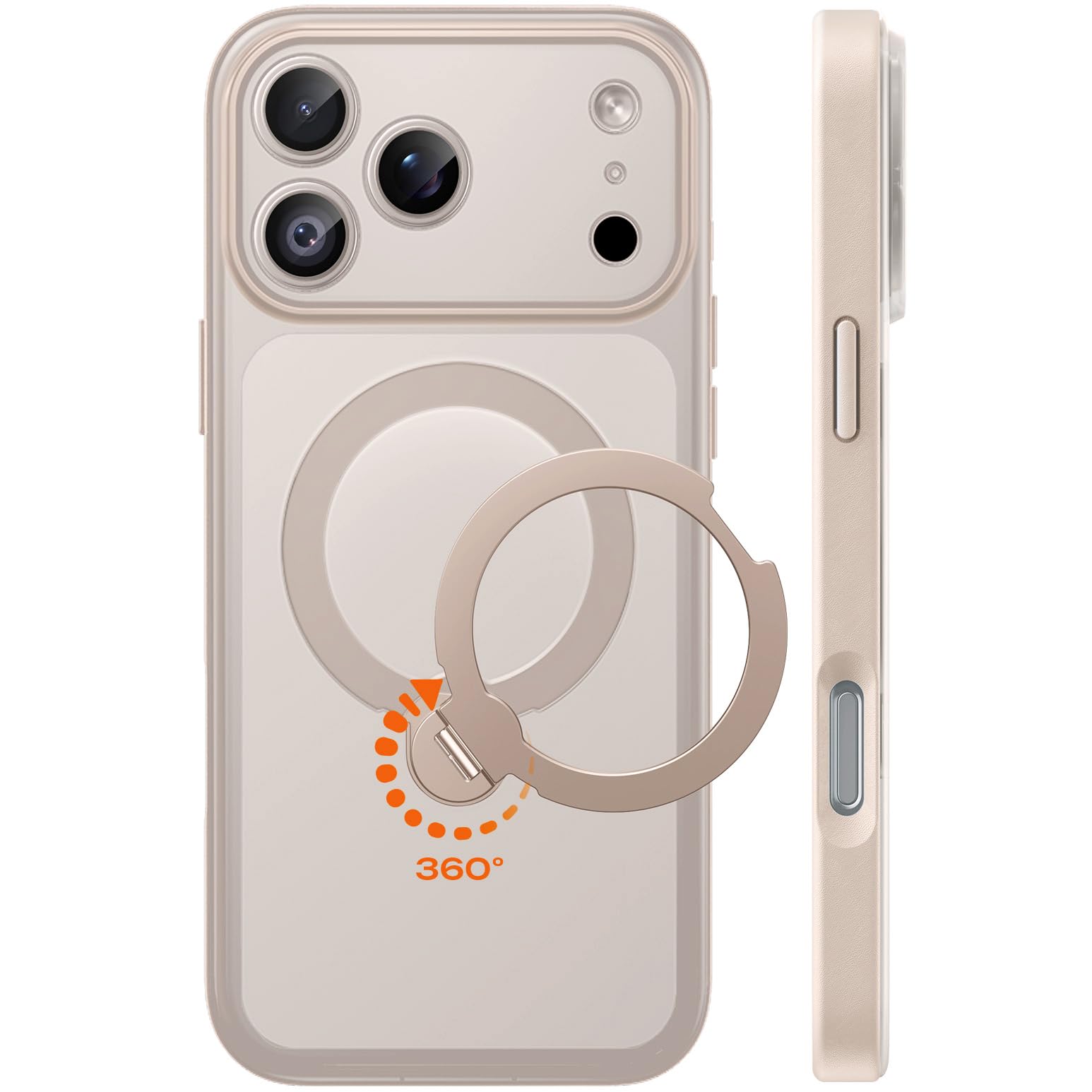 TOCOL Coque pour iPhone 18 Pro avec Support Rotatif 360°, Titane Sable | Compatible avec MagSafe, Béquille Intégrée, Protection de l'objectif Améliorée, Antidérapante, Case Mat Translucide Antichoc