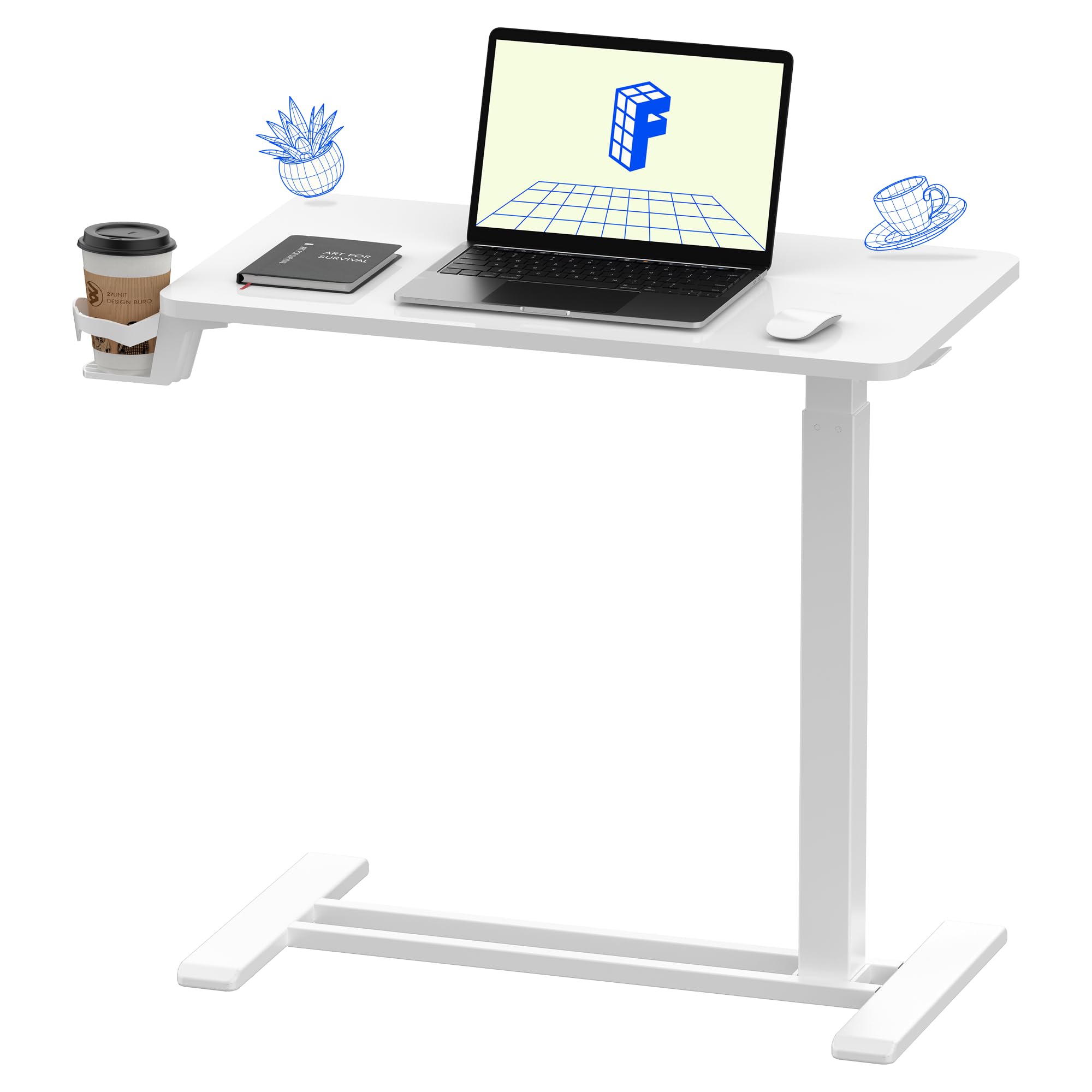 FLEXISPOT H7 Table de Lit 70x40cm, Réglable en Hauteur avec Porte-Gobelet | Bureau Réglable en Hauteur 65-105 cm, Table d’Appoint Mobile, Idéal au Lit ou sur Canapé pour Lire, Travailler, Blanc