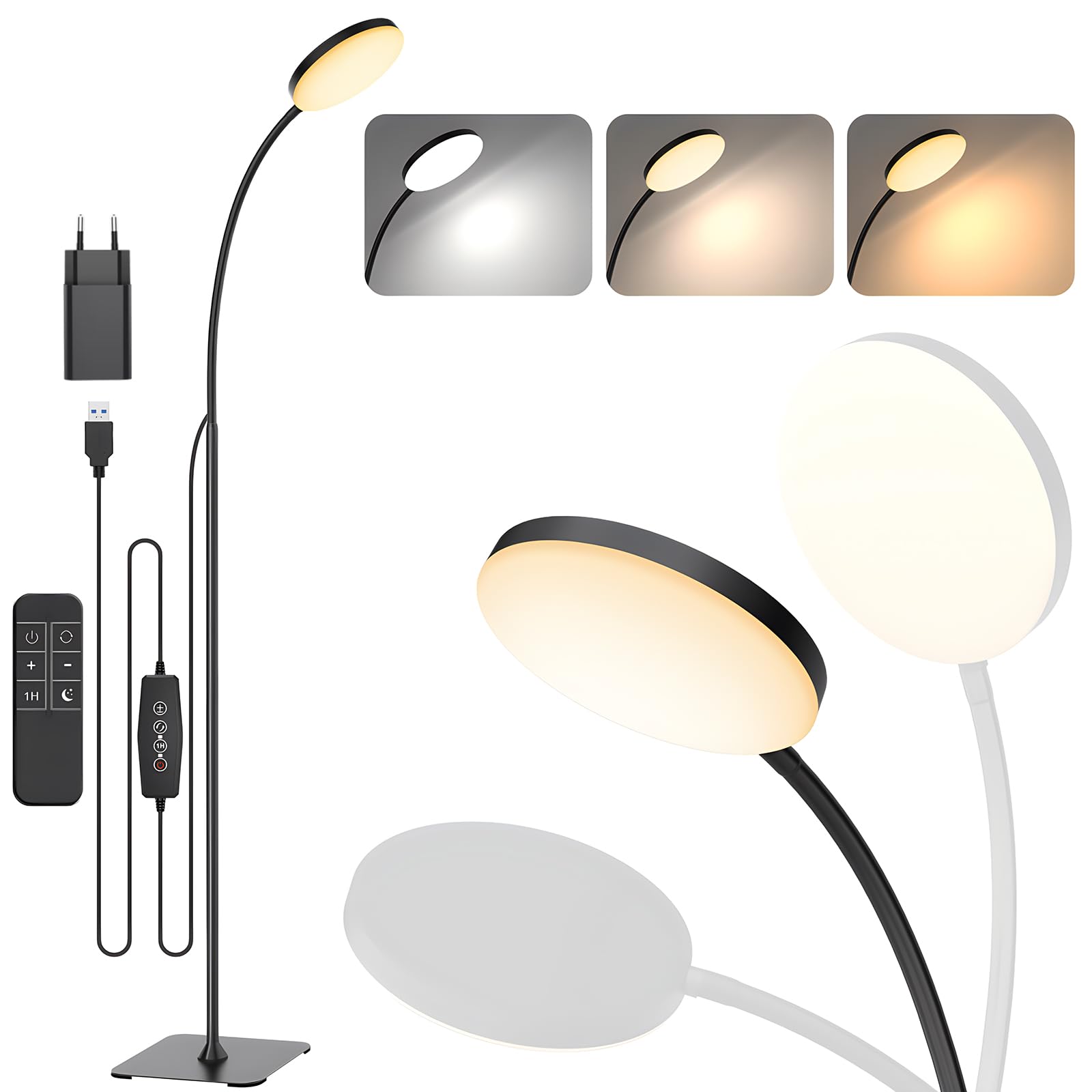 Mojimdo Lampadaire avec télécommande [3 couleurs & 10 luminosités] Lampes de lecture LED fines sur pied, Lampadaire flexible réglable par variateur pour chambre d'enfant, bureau, salon