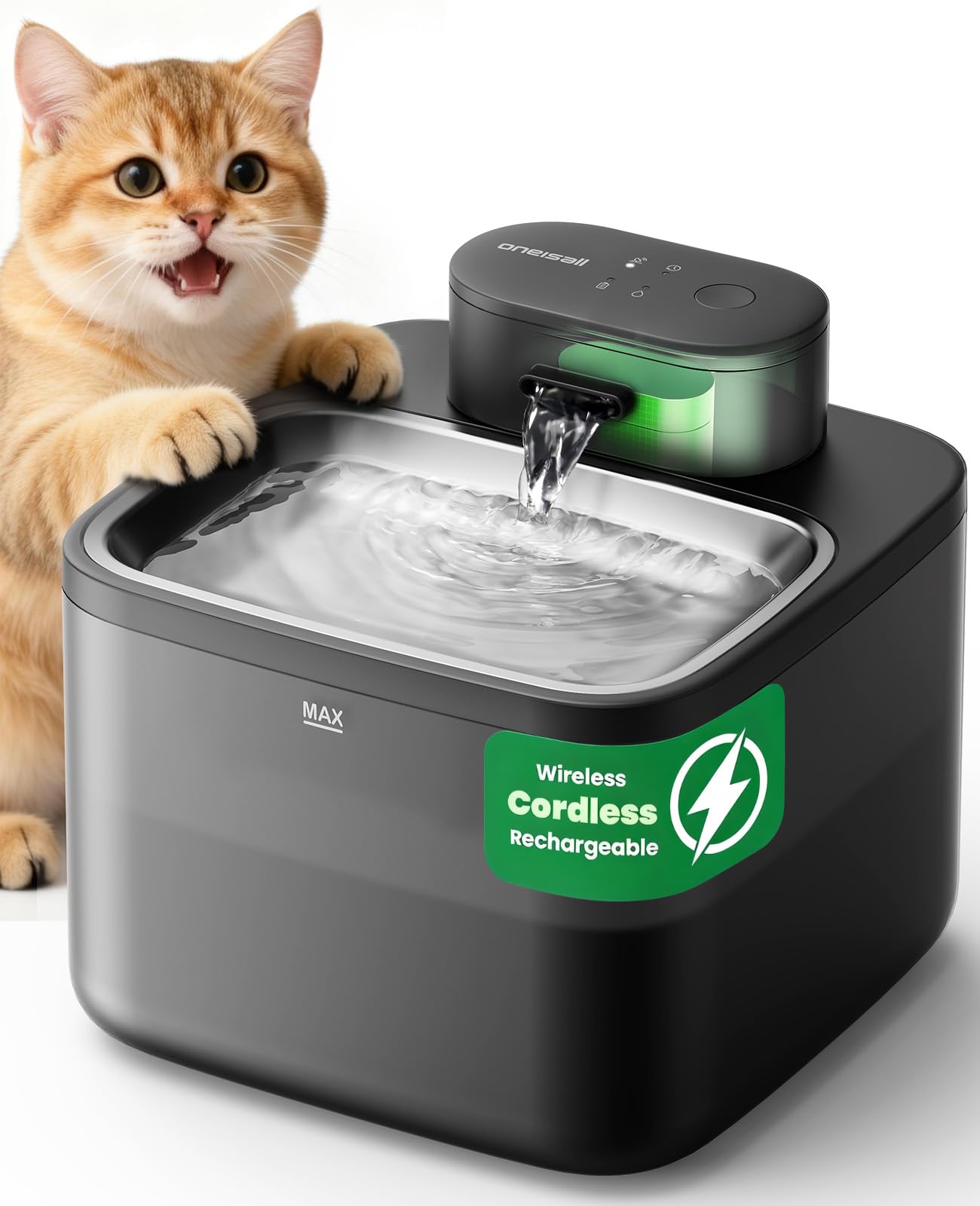 oneisall Fontaine à Eau sans Fil pour Chat 2,2 L, Plateau en Acier INOX | Batterie 4000mAh, Autonomie 45j, Recharge USB-C, 3 Modes d'Eau, Ultra Silencieuse, Facile à nettoyer, ABS/PP certifié ISCC