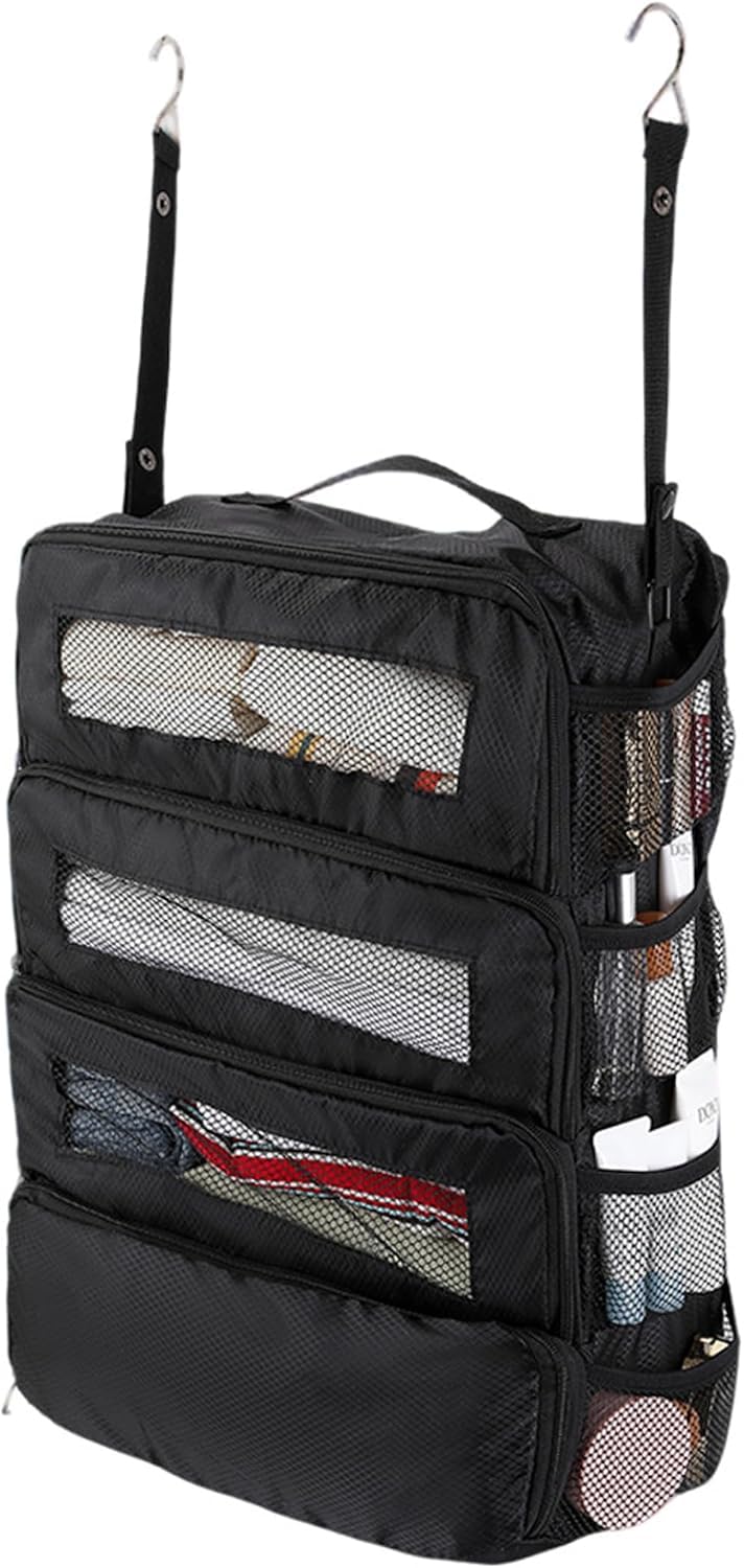 Organiseur de voyage suspendu pour valise, rangement à 4 niveaux avec crochet réglable, sac pliable anti-affaissement, idéal voyage ski, Noël et déplacement professionnel