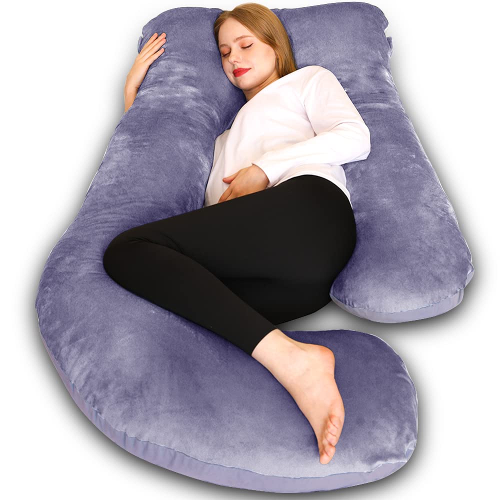 Chilling Home Coussin de Grossesse, Oreiller de Couchage Latéral en Forme de J en Velours Amovibl Oreiller en J Oreiller d'allaitement, Grand Oreiller de Positionnement,Gris Bleu