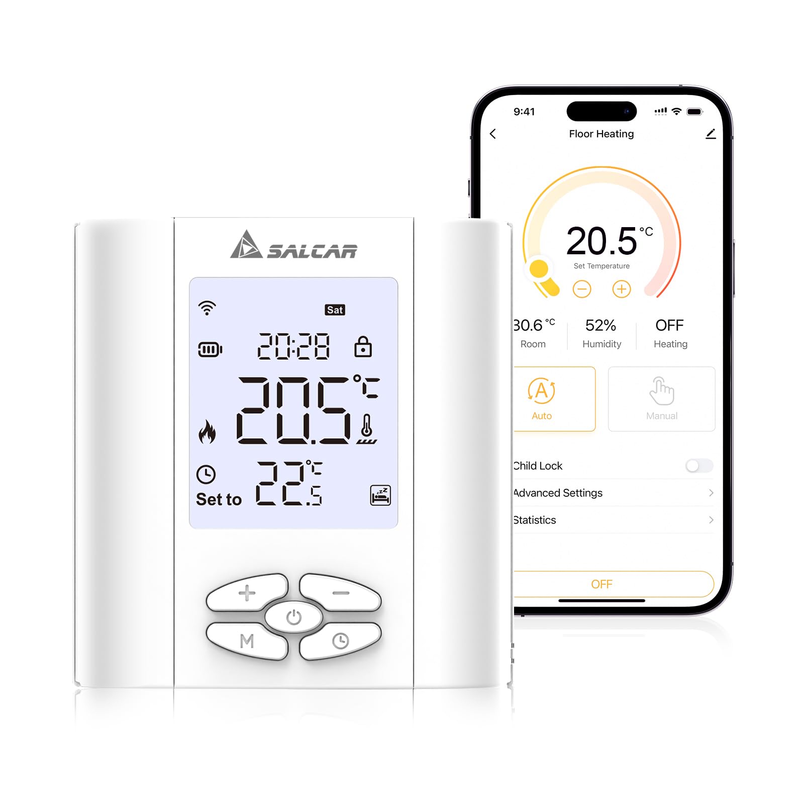 SALCAR Thermostat Connecté WiFi pour Chaudière Gaz/Chauffage au Sol Eau - Programmable avec Humidité - Compatible Amazon Alexa et Google Home - Tête Thermostatique Tuya, Blanc