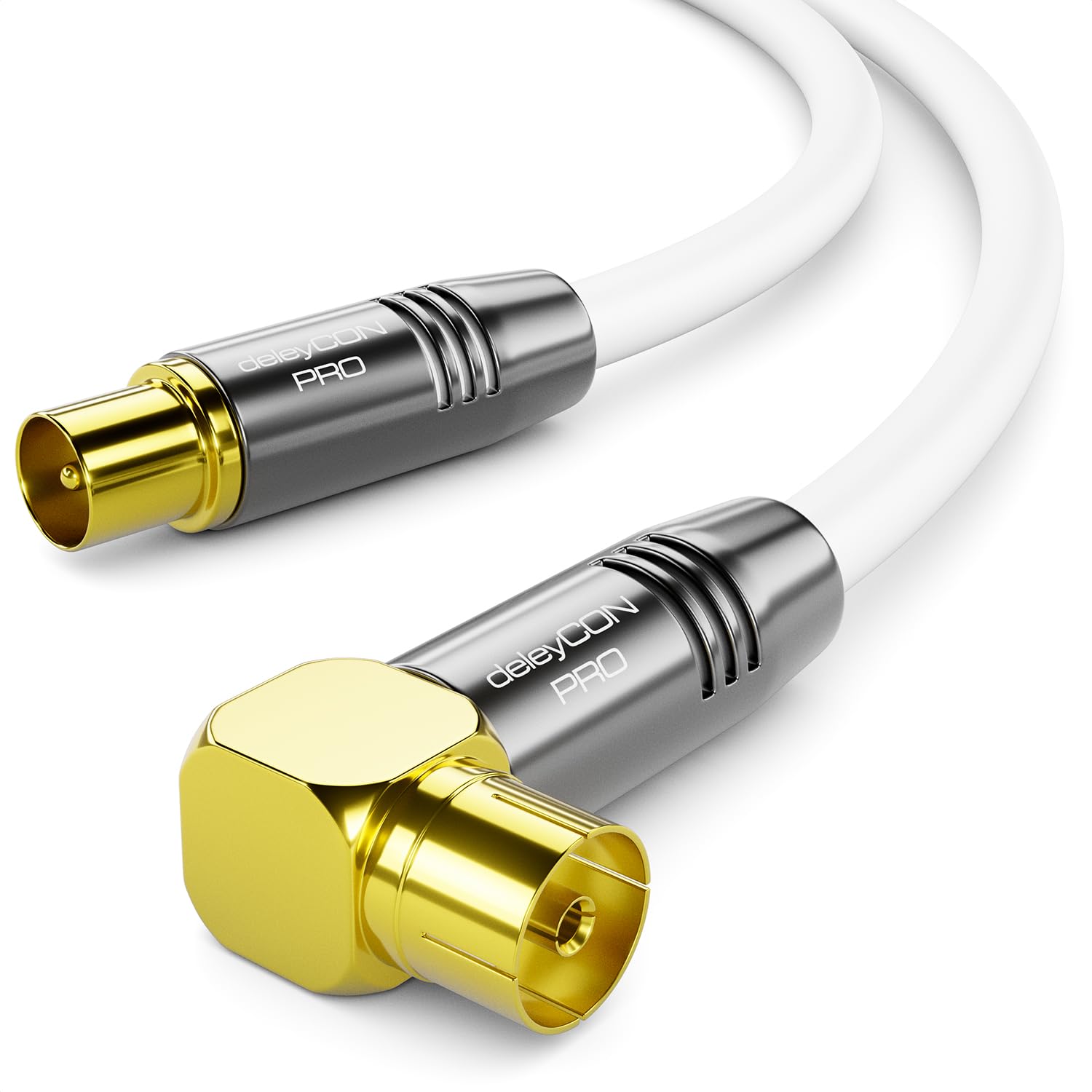 deleyCON 1m Câble D'antenne TV 4K - 4K Ultra-HD Full HD HDTV - 1x Coudé - Câble Coaxial - IEC-Fiche (Droite) vers IEC-Prise (90° Degré) - Connecteur Métallique - Blanc