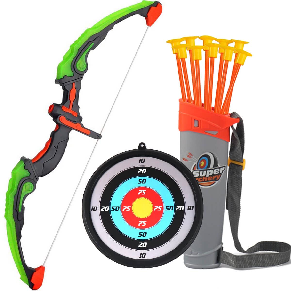 AUVIM Arc Jeu de tir à l'arc flèche et Arc pour Enfants avec Feux Flash LED 1 Cible 10 flèches 1 Support de flèche Jeu d'arche de Jouet pour garçons et Filles à partir de 6 Ans Jeu d'intérieur