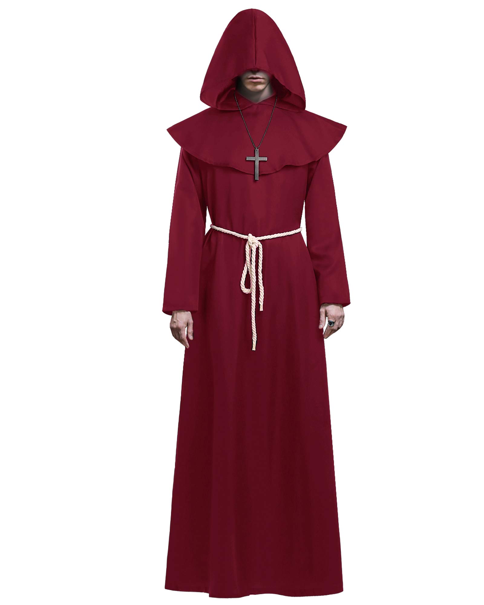 KONVINIT Prêtre Peignoir Frère Médiéval Capot Encapuchonné Moine Costume Renaissance Robe de prêtre avec capuche Halloween Costume pour Adultes