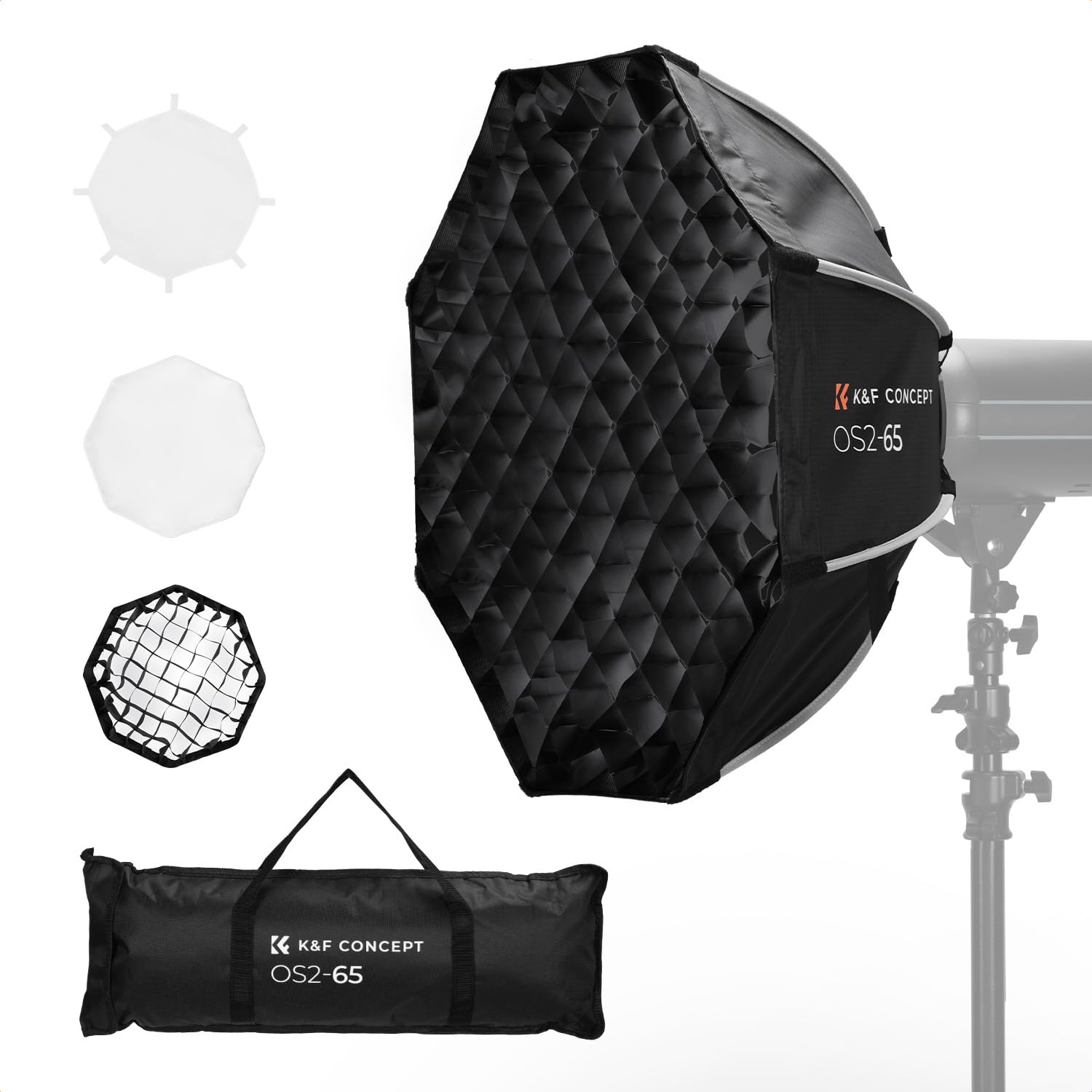K&F CONCEPT Softbox Octogonal 65cm Démontage Rapide Bowens | Grille nid d'abeille, diffuseur, sac transport, parapluie pour COB, studio photo vidéo, LK05