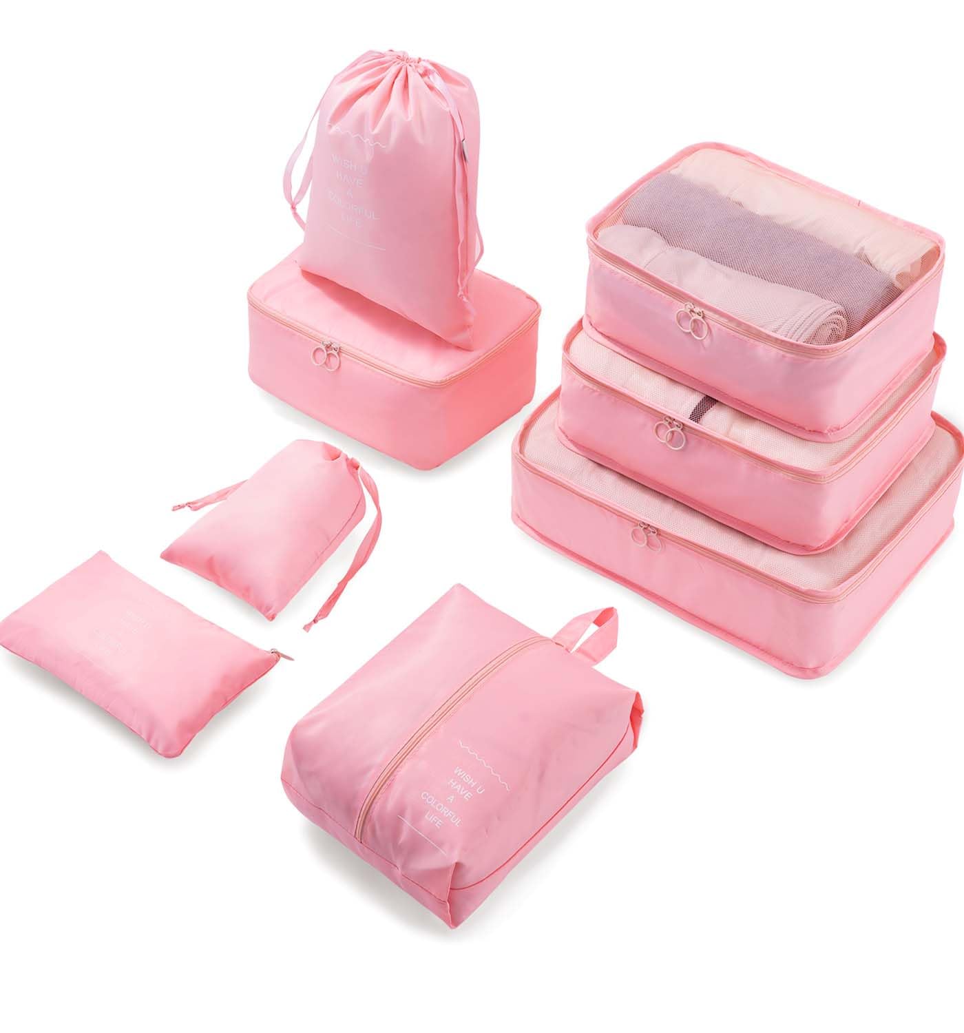 Meowoo Organisateur Valise Lot de 8 Rangement Valise, Packing Cubes Organisateurs de Voyage Pochette Rangement Valise, Sacs Rangement de Valise pour Les Vêtements,Chaussures et Cosmétiques(Rosa)