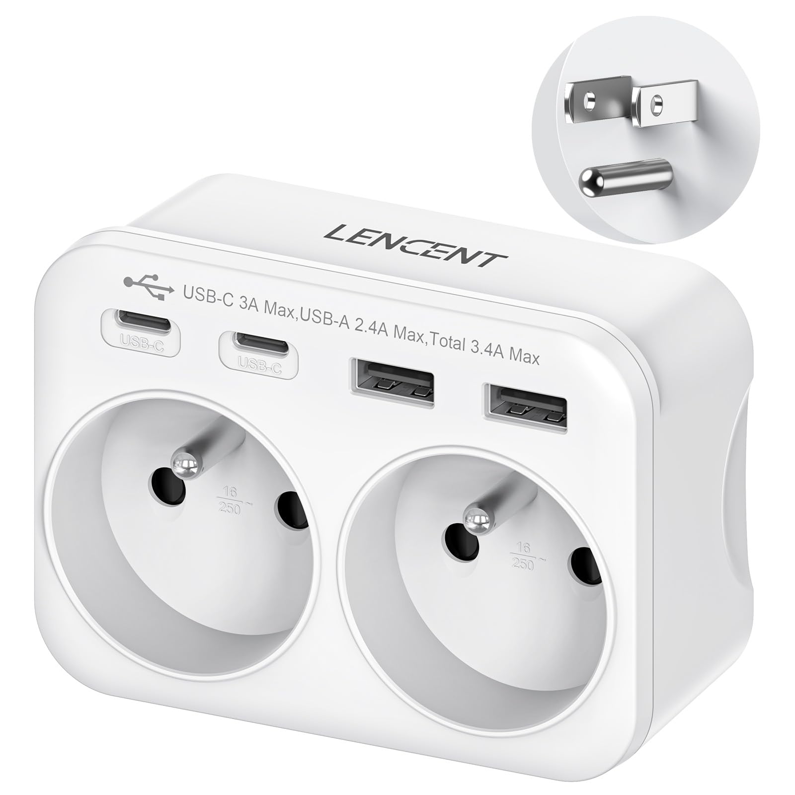 LENCENT 6 en 1 Adaptateur Prise USA, Adaptateur Prise Canada Type B | Charger 6 Appareils avec 2 Prises AC, 2 USB-A/2 USB-C, Mise à la Terre, Compact pour États‑Unis, Canada, Mexique, Costa Rica