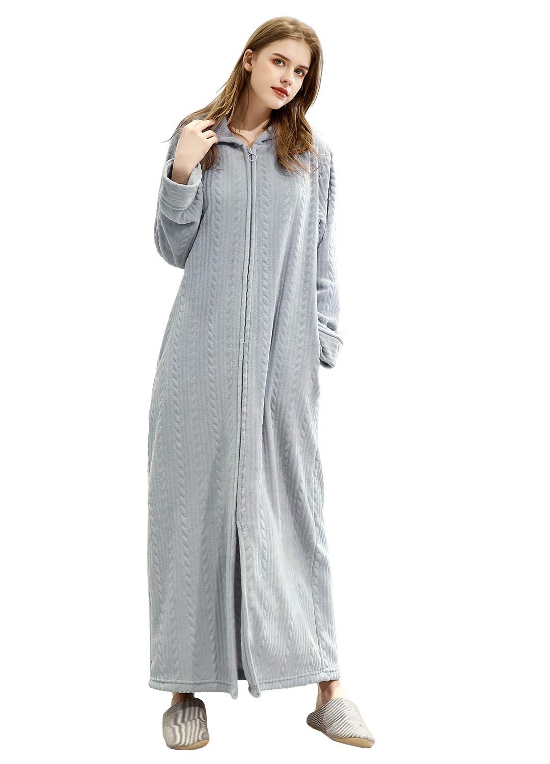 ZFSOCK Peignoir Femme Polaire à Capuche Hiver Robe de Chambre Fermeture à glissière Peignoir de Bain Longue Douce Microfibre Flanelle Robe de Nuit