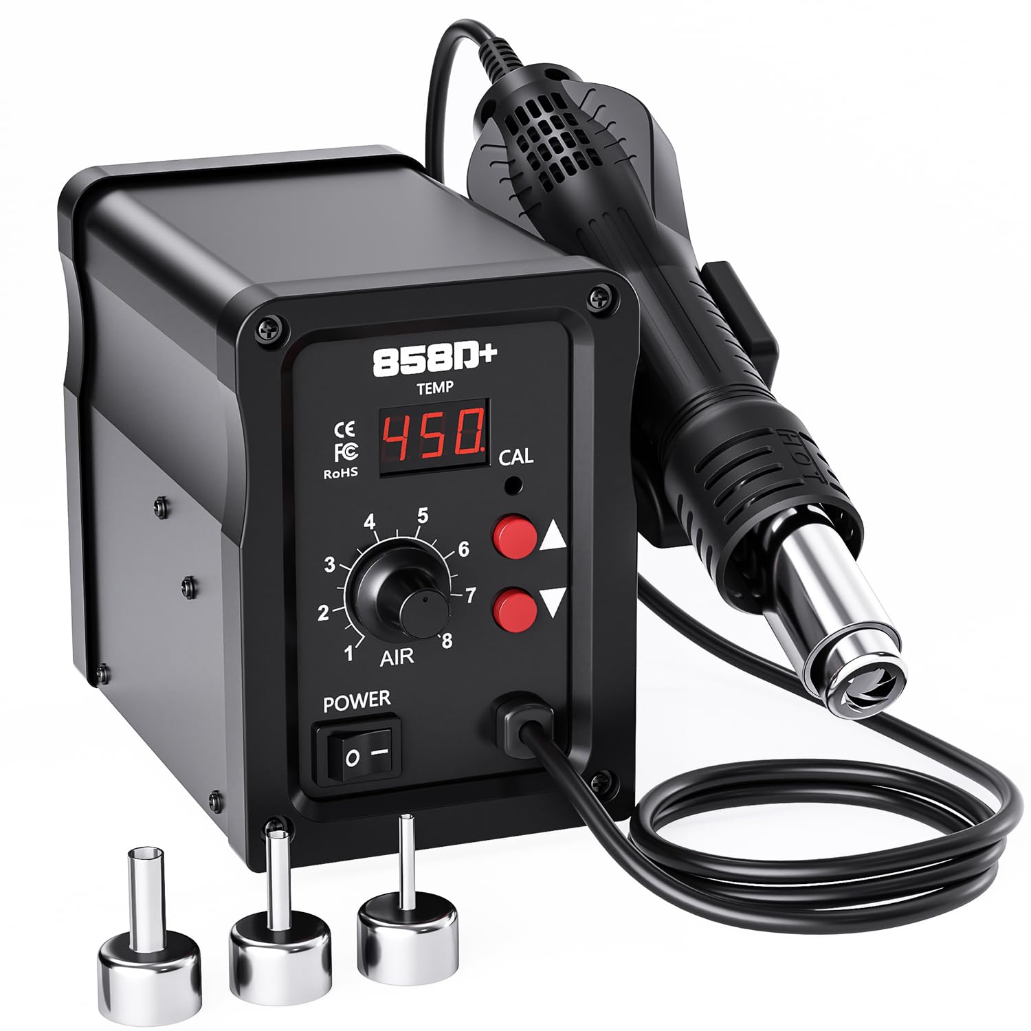 Station de Soudage à Air Chaud 700 W, Station De Soudage à Air Chaud 858D Avec Écran LED, 3 Buses, Température Réglable De 100 à 450 °C, Station De Dessoudage SMD Pour Bricolage, Réparations