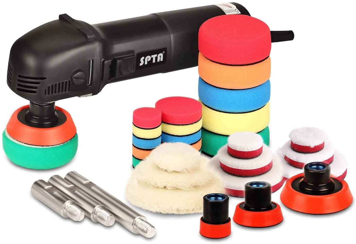 SPTA Mini Polisseuse, 780W Machine à polir, Polissage, Vitesse Variable , Tampon du Soft-Start et Orbite, 25mm/50mm/80mm Polissage de Tampon, Éponges de Polissage/ Disque de Laine -HROMPS3AC