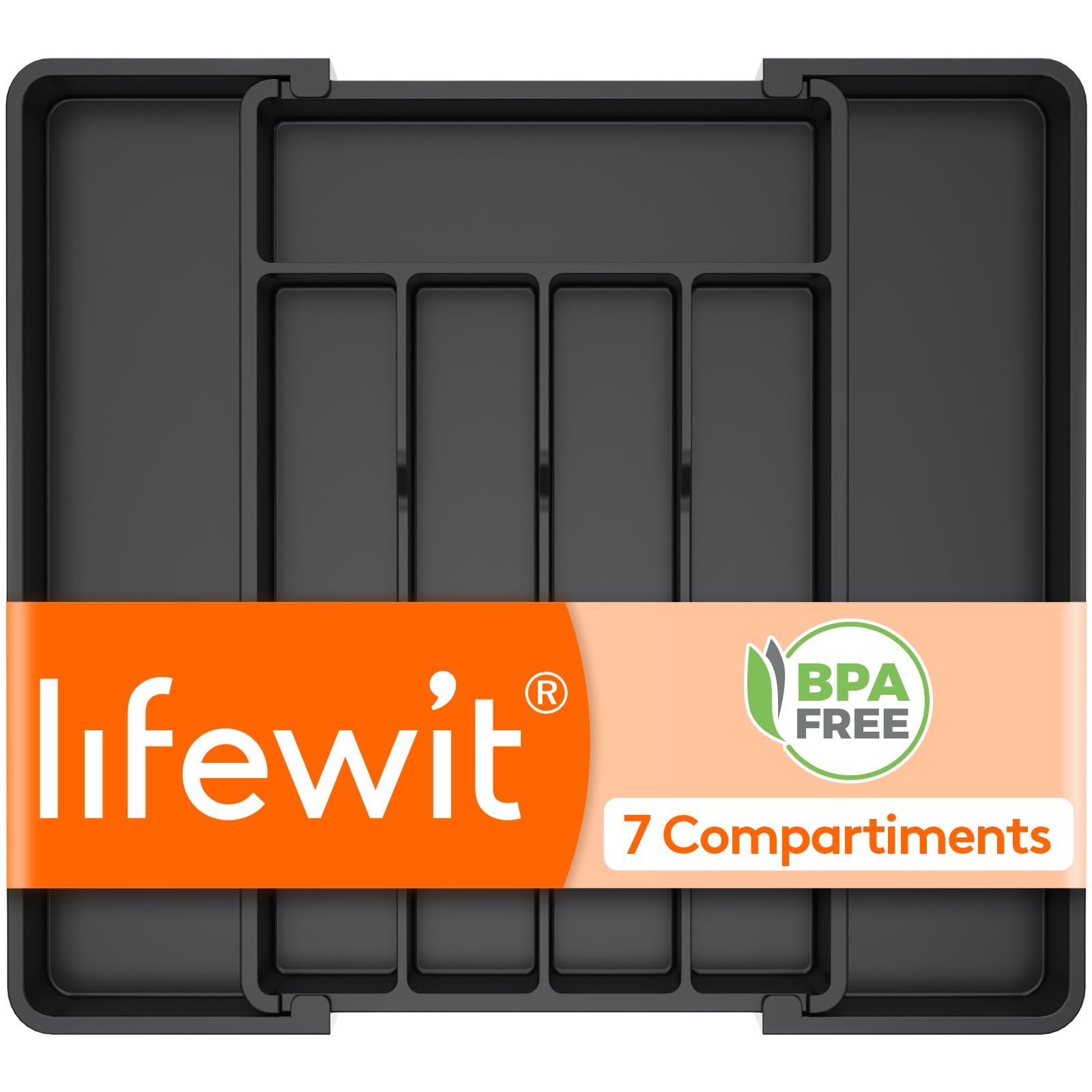 Lifewit Range Couverts pour Tiroir, Plateau d'Ustensile Extensible Lot de 1 | Organisateur de Cuisine Réglable, Rangement Compact pour Contenir des Cuillères, Fourchettes, 24-41 x 34 cm, Noir