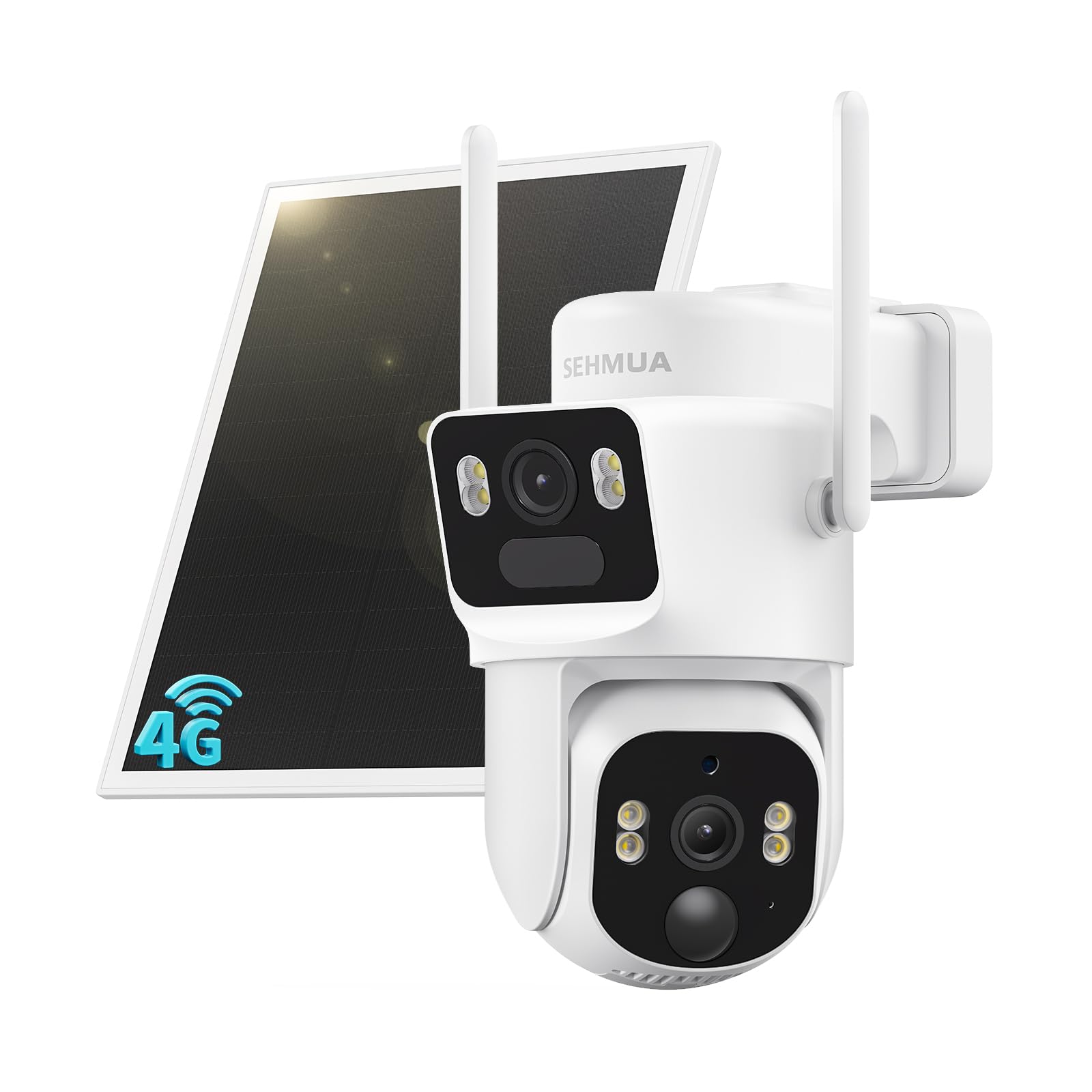 SEHMUA 4G LTE Caméra Surveillance Solaire avec Carte SIM 【Double Objectif】 | 2K+2K Caméra Extérieure Sans Fil, Détection Humaine par IA, Vision Nocturne Couleur, 360° PTZ, Audio Bidirectionnel, IP65