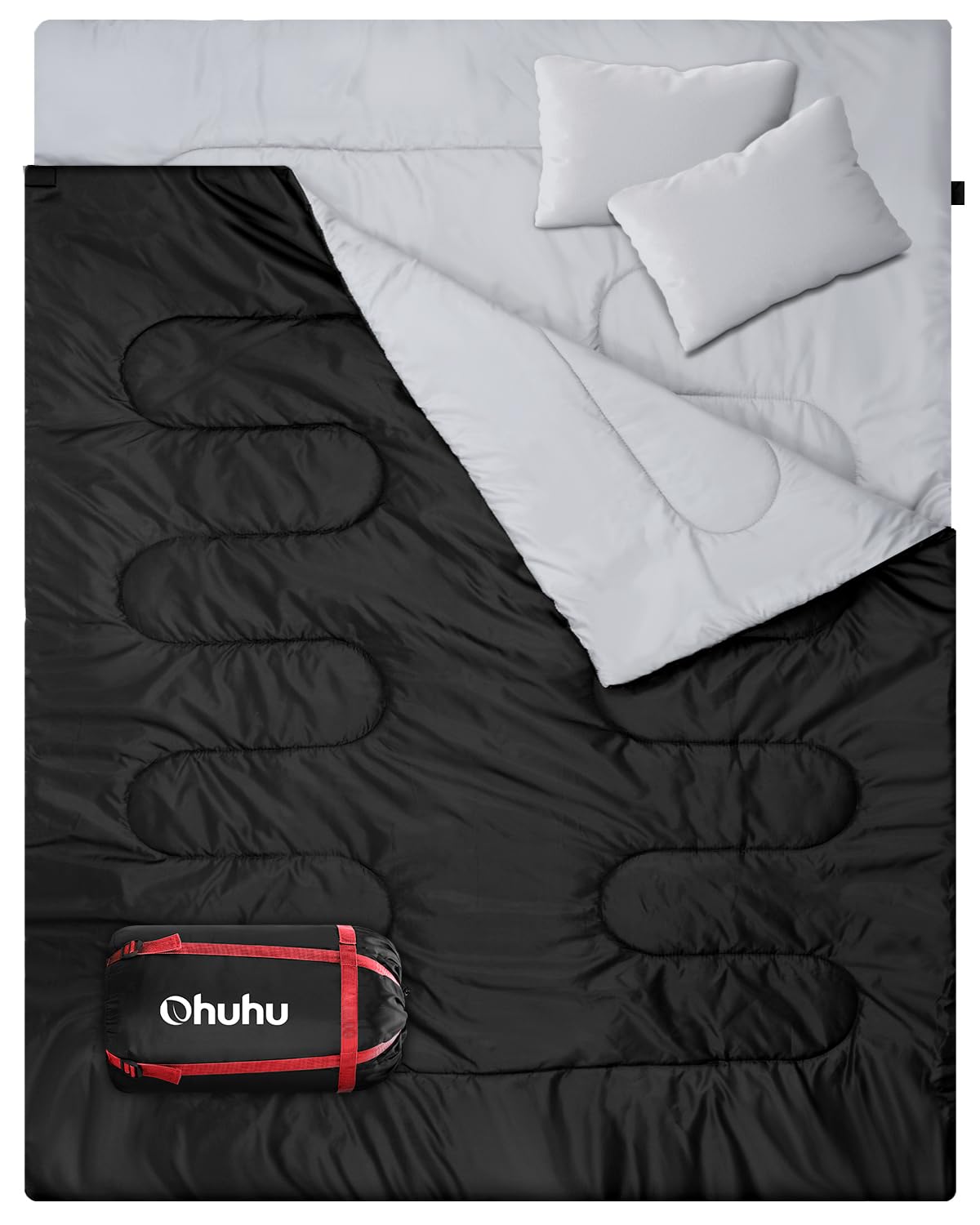 Sac de Couchage Adulte, Ohuhu Sac de Couchage 2 Personnes Sac de Couchage Rectangulaire Camping avec 2 Oreillers pour Tentes Camion Randonnée 2.75kg/3.5kg, 220 * 150cm