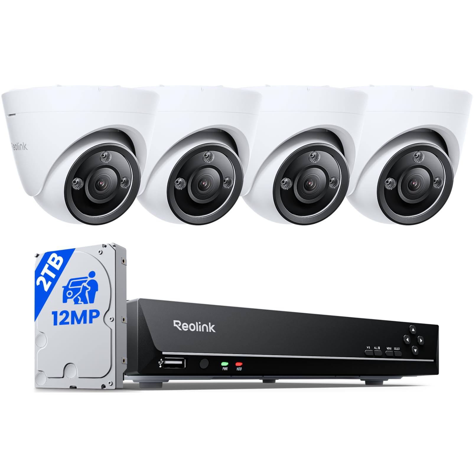Reolink 12MP Kit Vidéo Surveillance, 4X Caméra IP PoE avec Détection par IA | Kit Caméra Surveillance avec 8CH 2To NVR, Détection de Personne/Véhicule, Vision Nocturne en Couleur, RLK8-1200D4-A