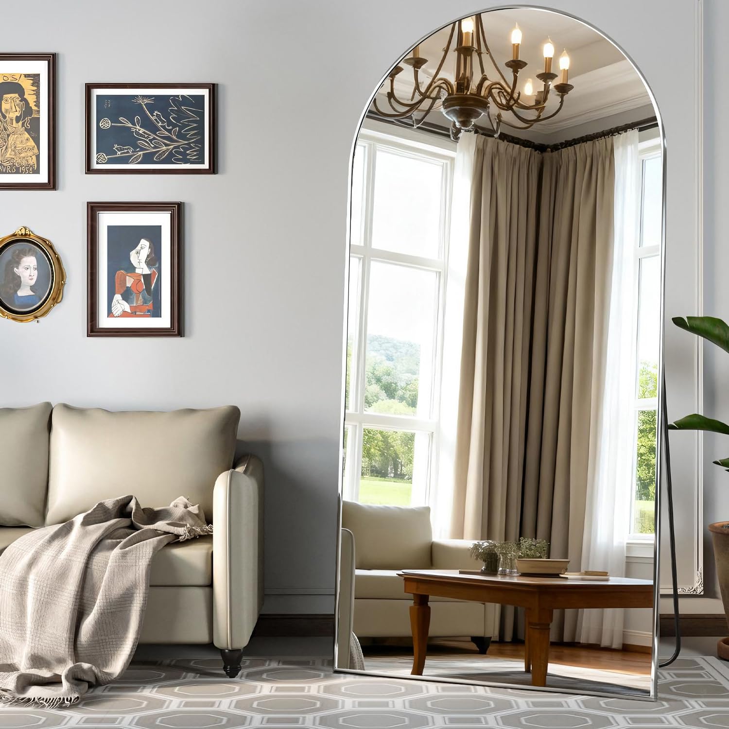 CASSILANDO Miroir Pleine Longueur 193 x 86 cm, Miroir arqué sur Pied, Miroir intégral argenté à Suspendre ou à Poser Contre Un Mur, pour vestiaire, Chambre à Coucher, Salon (argenté)