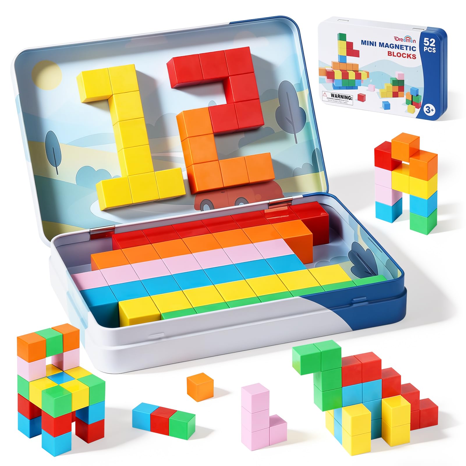 Dreamon Bloc de Construction Magnetique Enfant 52PCS Magnetic Blocks Jeux de Magnetic Building Cubes avec Boîte en Métal Cadeaux pour Garçons Et Filles 3 4 5 6 7 Ans