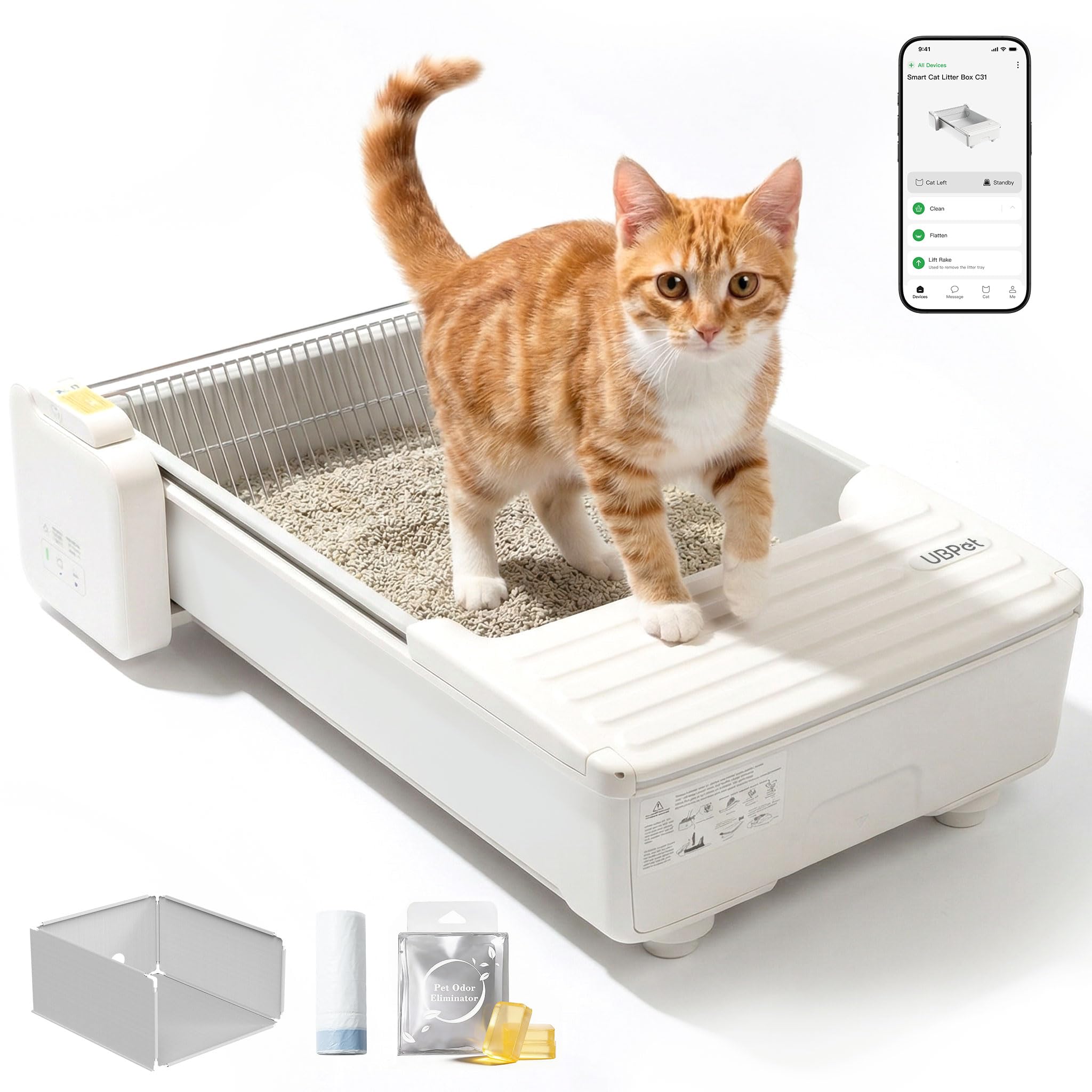 UBPET C31 Litière Autonettoyante pour Chats, Litière Ouverte Autonettoyante avec Contrôle par Application, Désodorisant, Système de Double Raclage, Grande Capacité, pour Multiple Chats (Blanc)