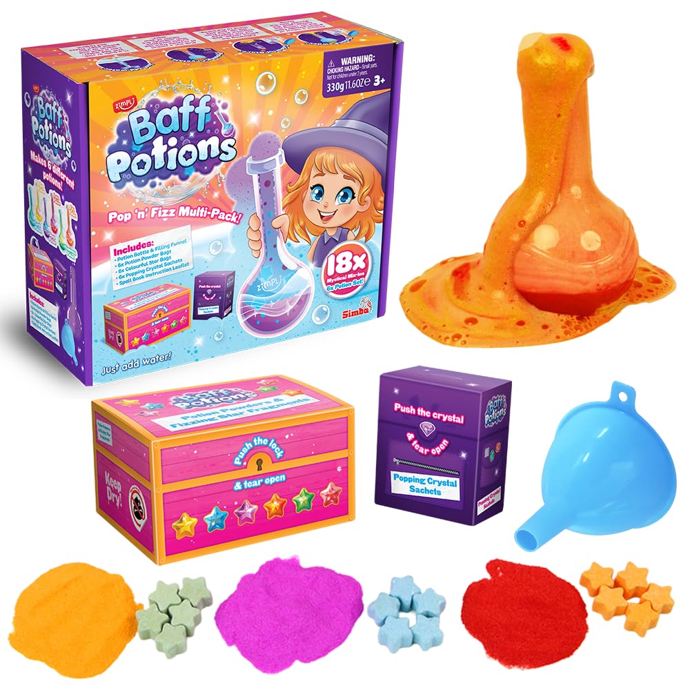 ZIMPLI Baff Potions Comprend 18 ingrédients Magiques à mélanger Qui pétillent, explosent et Colorent l’Eau, Kit d’expériences scientifiques et éducatives pour Le Bain, avec Bombes de Bain