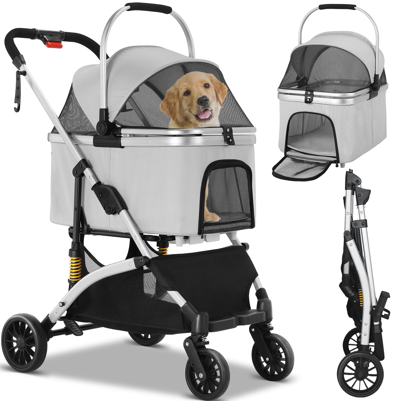 MAMIZO Poussette Chien 3-en-1, Poussette Buggy Pliable, Poussette pour Chat | Panier de Rangement, Fenêtre en Filet, pour Petits Chiens et Chats, max 20kg, 4 Roues Résistant à l'Usure à 360°,Gris argenté