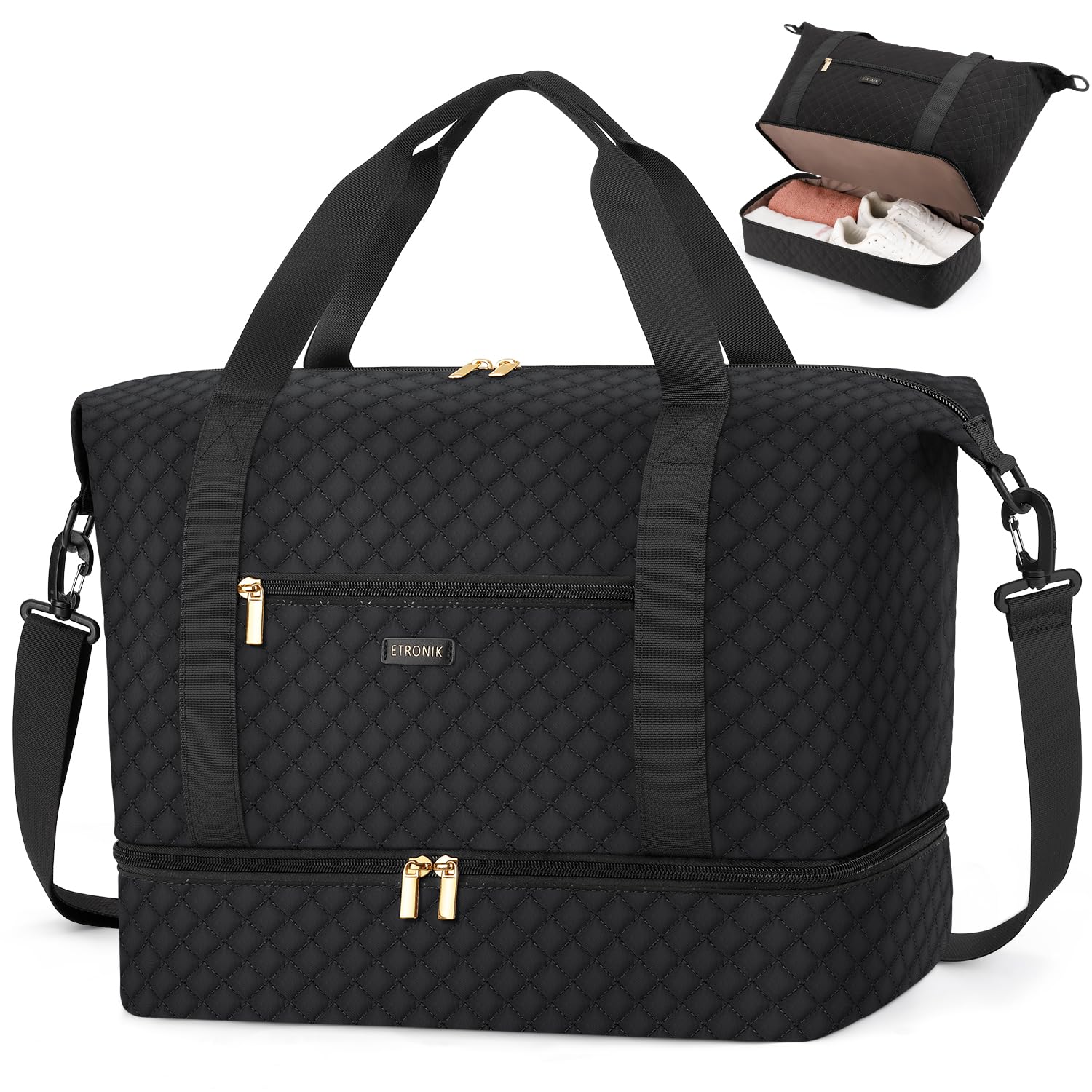 ETRONIK Sac de Voyage Femme, 24L Bagage Cabine à Main 40x30x20 Imperméable | Sac Cabine Avion Ryanair 40x30x20 avec Compartiment à Chaussures, Sac FourreTout de Sport pour Travel Weekend Gym Danse, Noir
