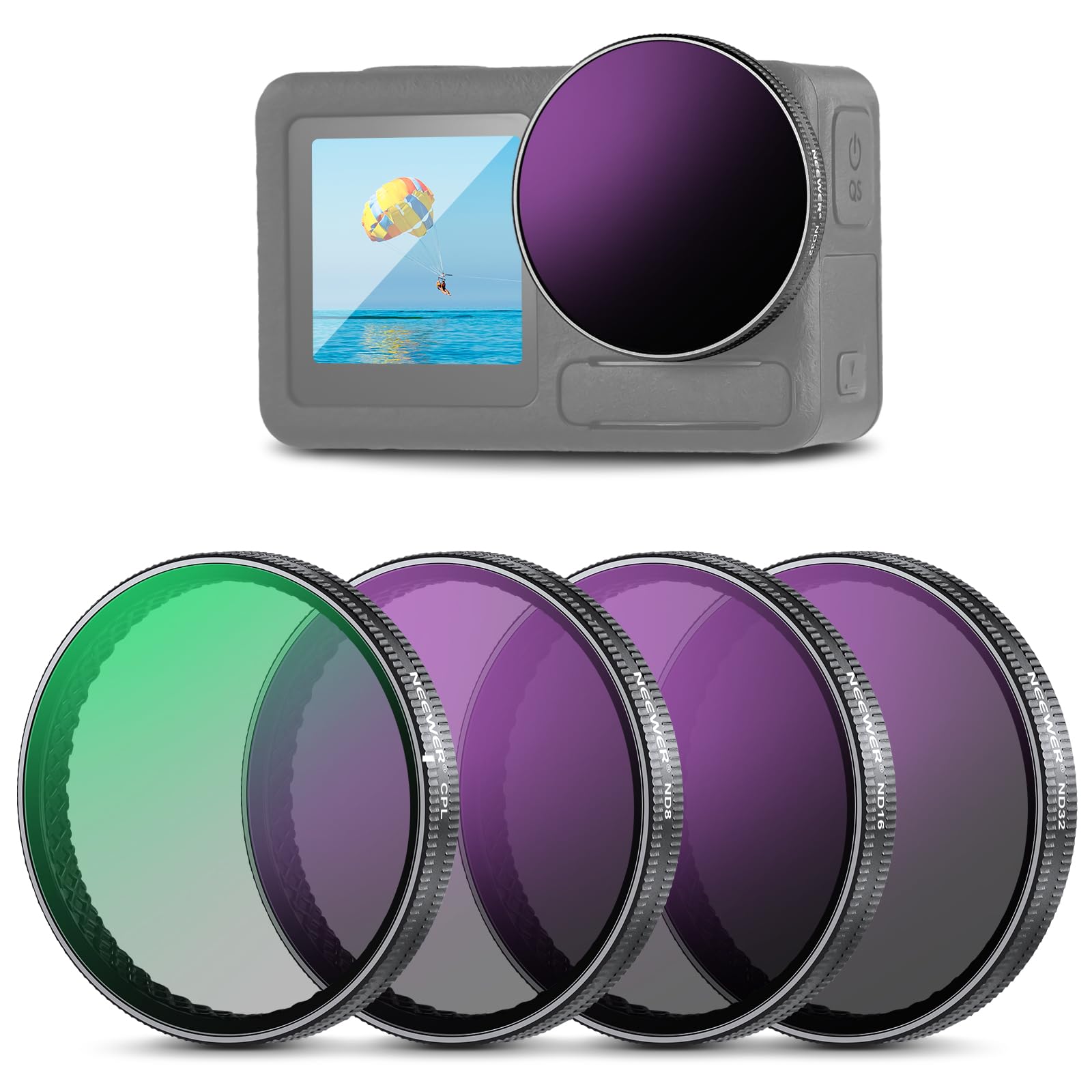 NEEWER Kit de Filtres ND Snap-on Compatible avec DJI Osmo Action 5 Pro/4/3 | ND8+ND16+ND32+CPL,Accessoires Caméra d'Action,Montage Direct sur Objectif Verre Origine,Non Compatible avec Osmo Nano, FL-A76